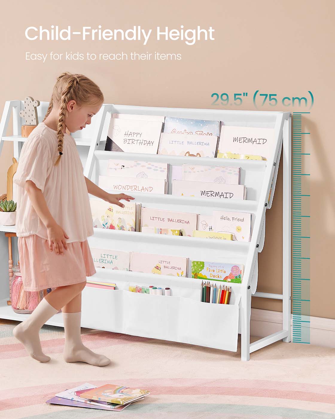 Kids Bookshelf - Engineered Wood - White - Toy Organizer with Side Pocket