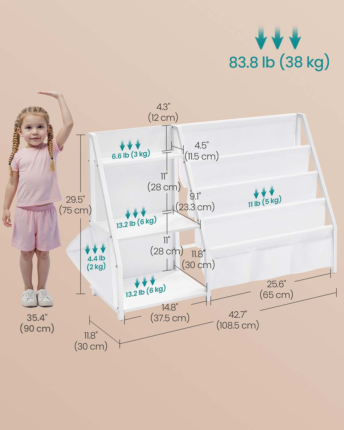Kids Bookshelf - Engineered Wood - White - Toy Organizer with Side Pocket