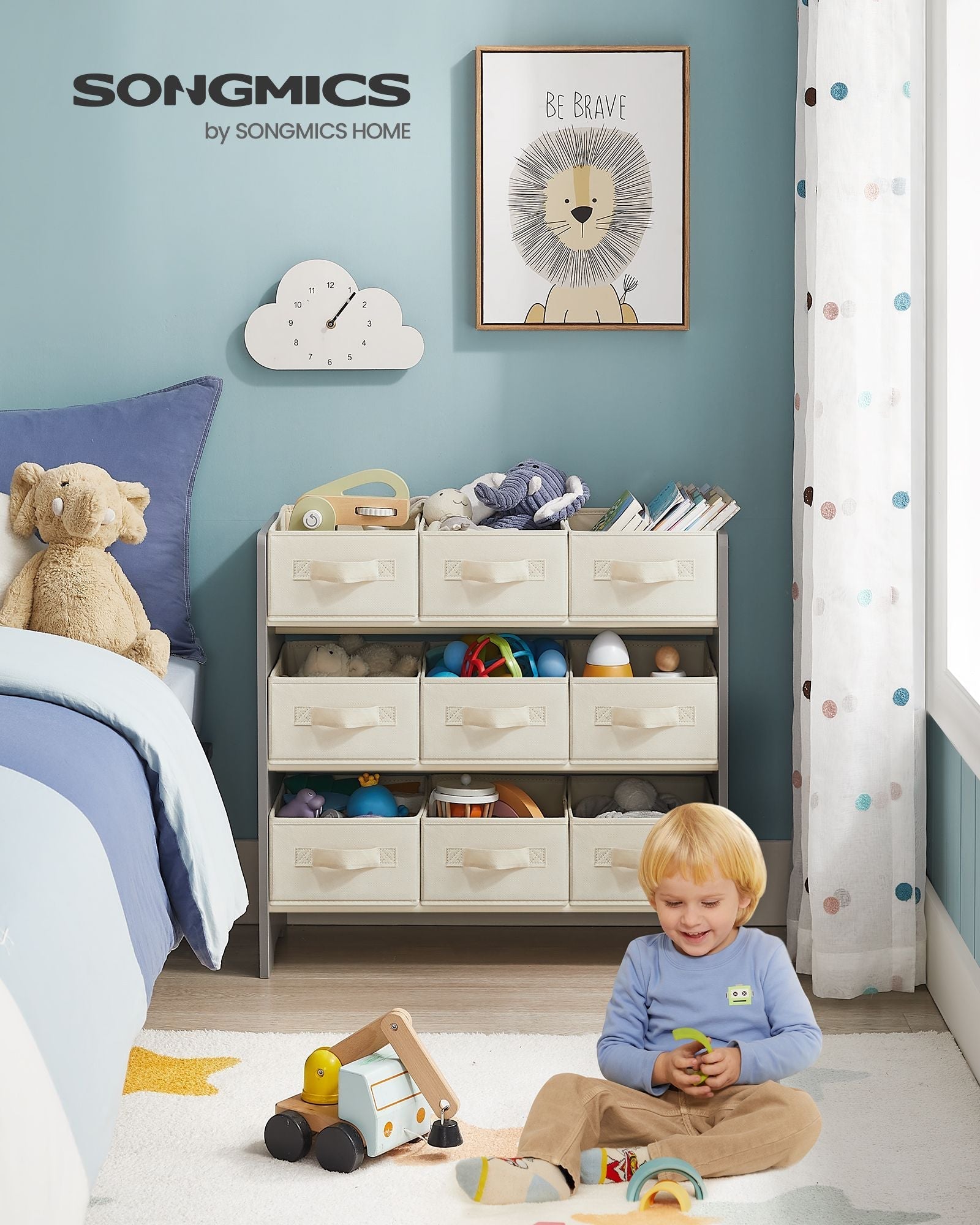 Kids Toy Organizer - Non-Woven Fabric - Dove Grey - 9 Spacious Storage Boxes