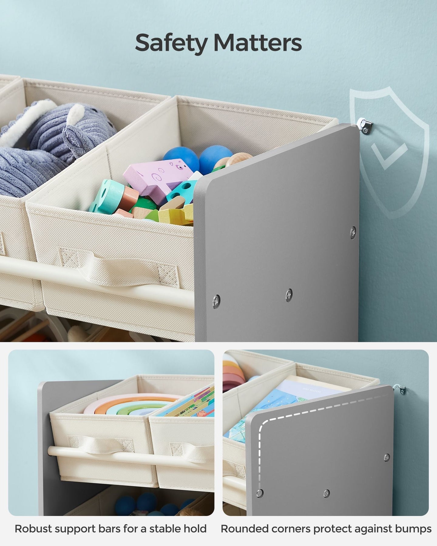 Kids Toy Organizer - Non-Woven Fabric - Dove Grey - 9 Spacious Storage Boxes