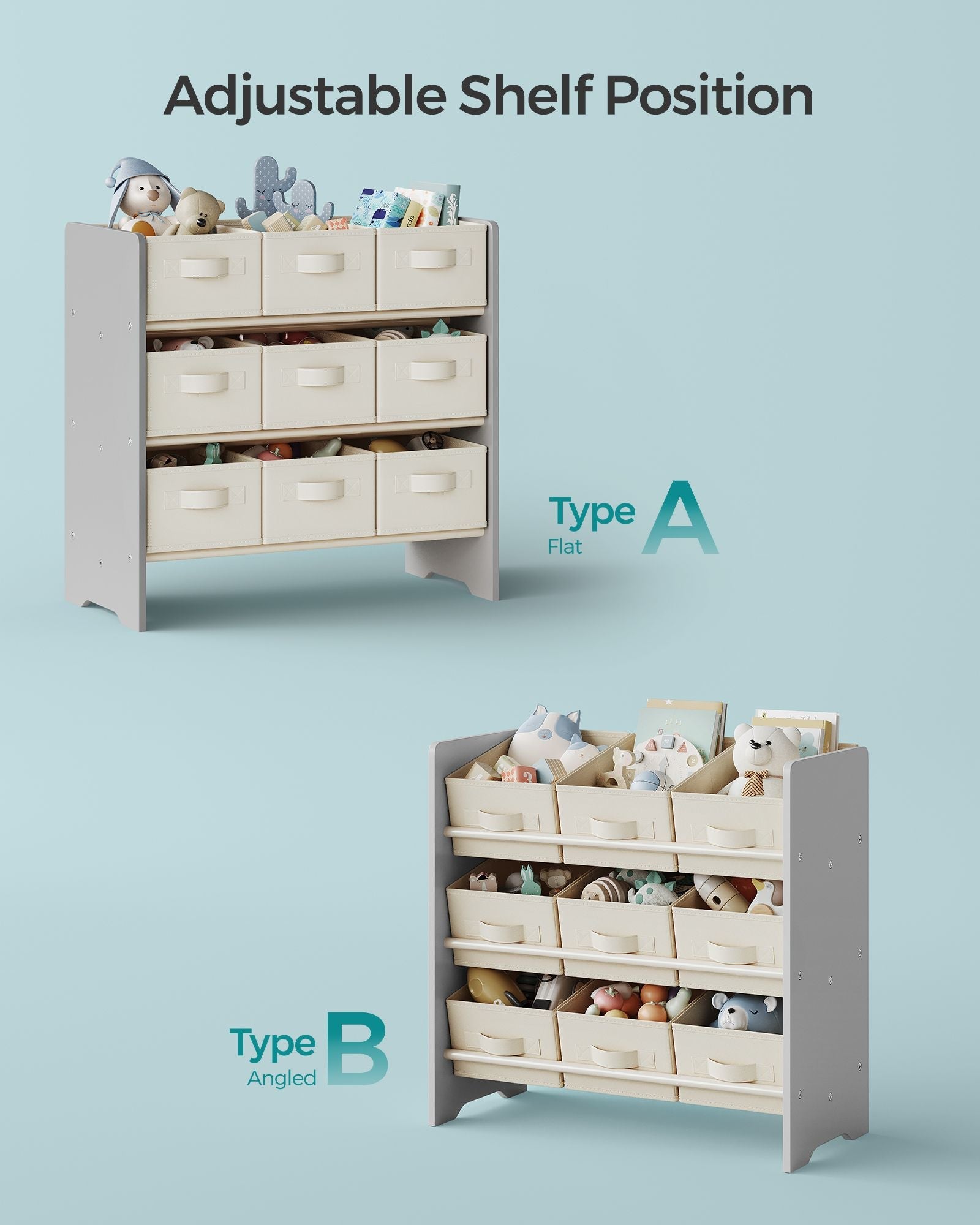 Kids Toy Organizer - Non-Woven Fabric - Dove Grey - 9 Spacious Storage Boxes