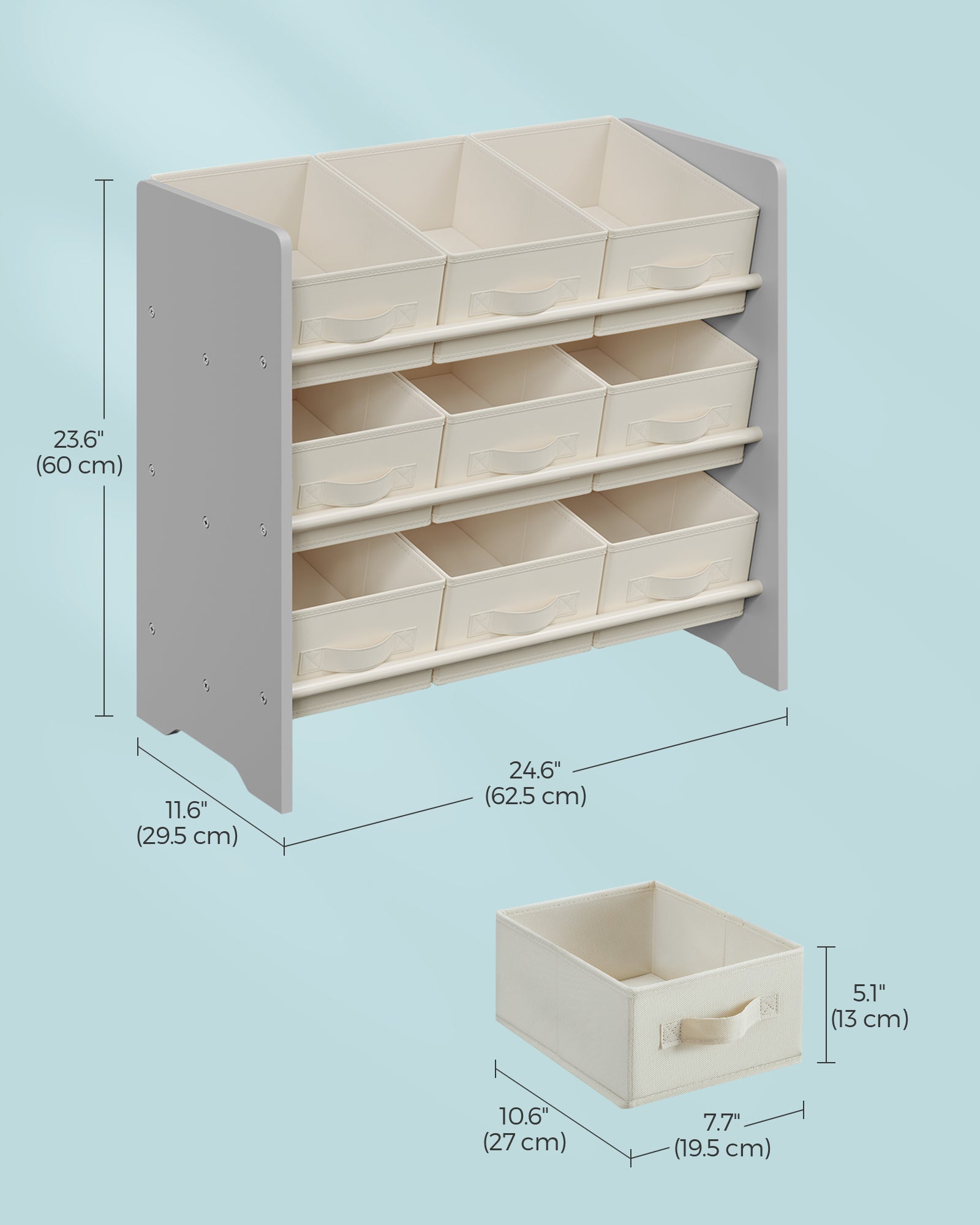 Kids Toy Organizer - Non-Woven Fabric - Dove Grey - 9 Spacious Storage Boxes