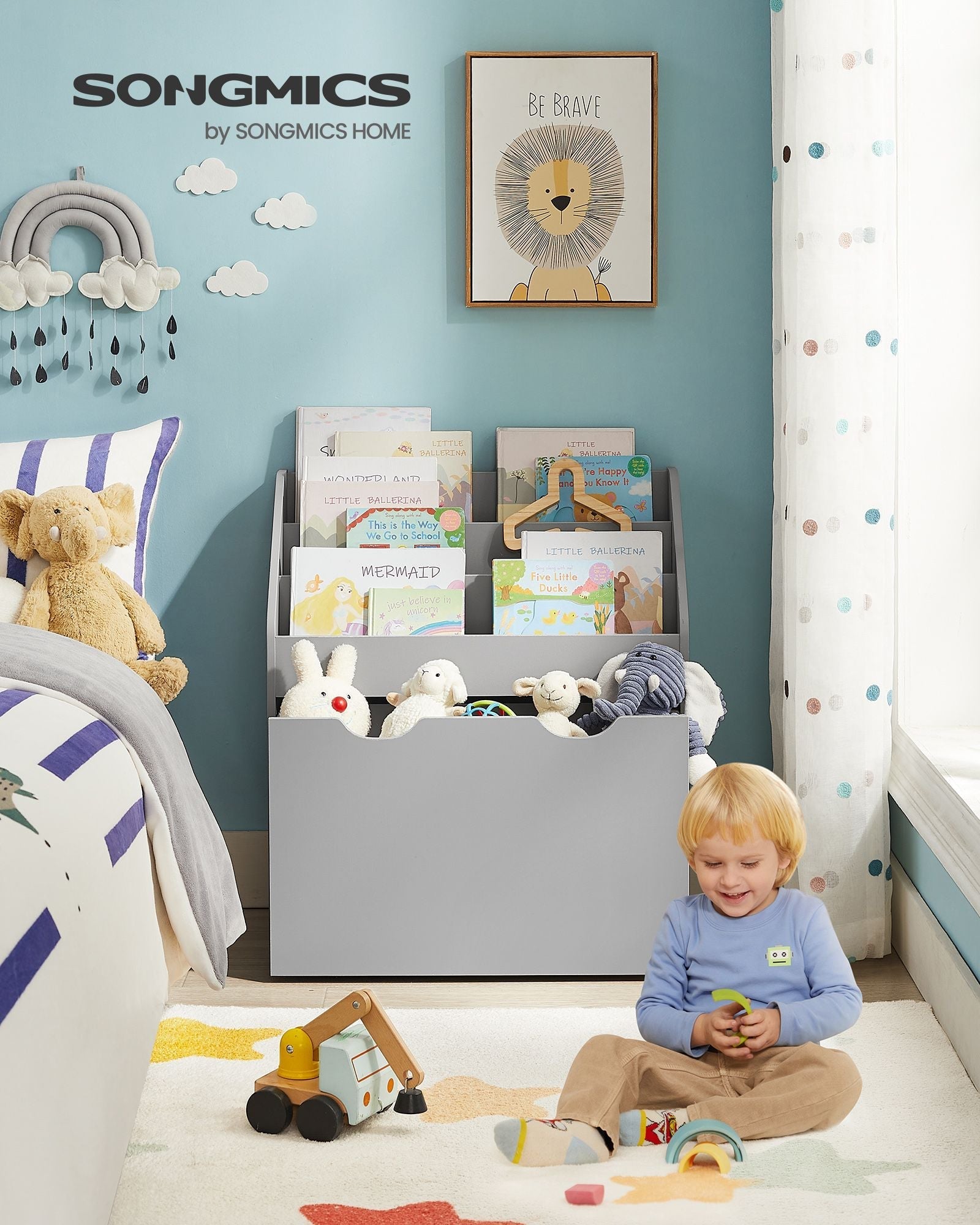 Multipurpose Bookshelf - MDF - Dove Grey - Storage Box with Wheels and 3 Shelves