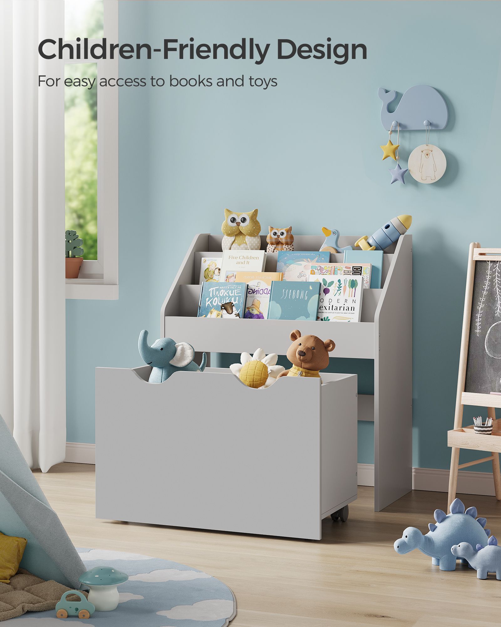 Multipurpose Bookshelf - MDF - Dove Grey - Storage Box with Wheels and 3 Shelves