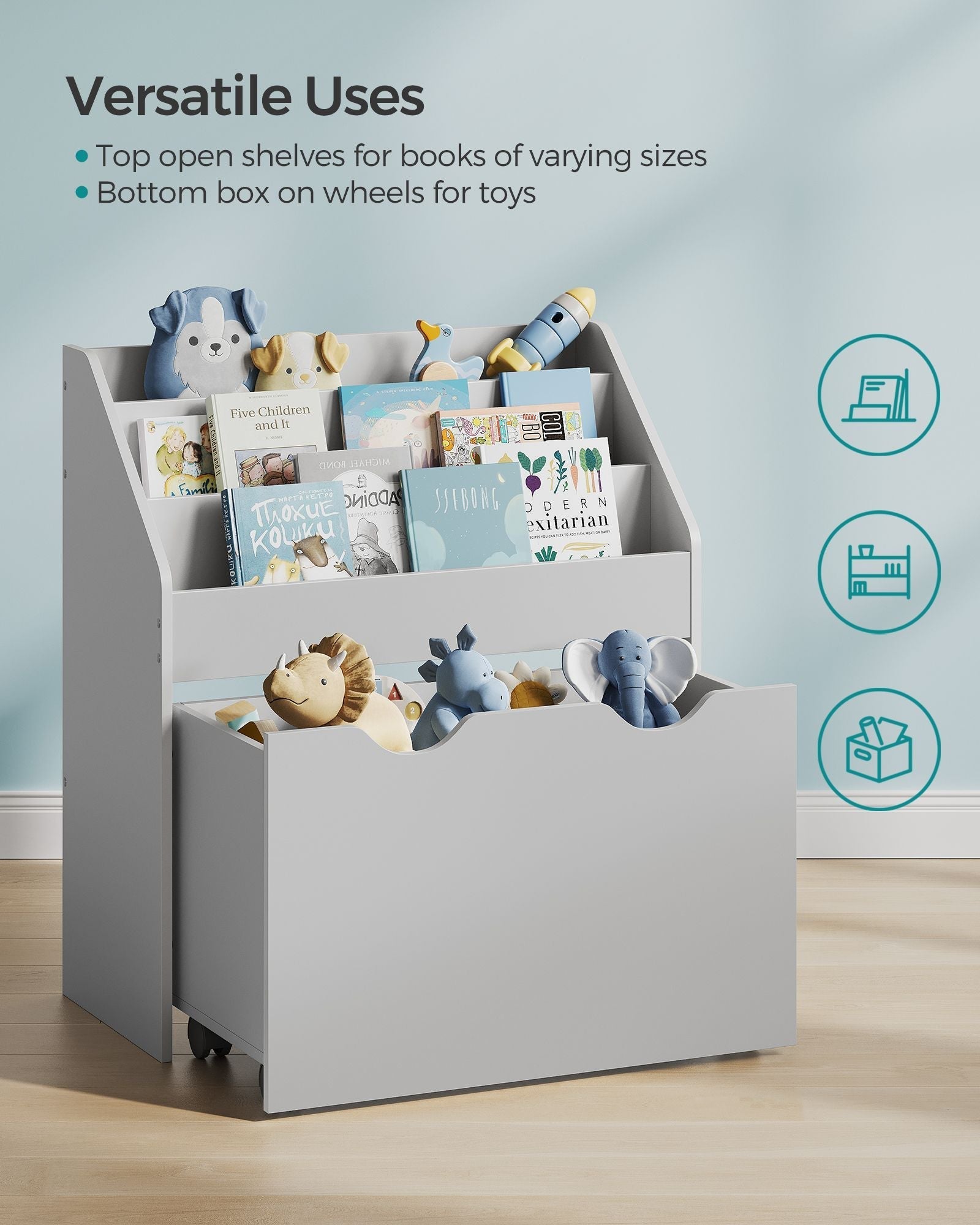 Multipurpose Bookshelf - MDF - Dove Grey - Storage Box with Wheels and 3 Shelves