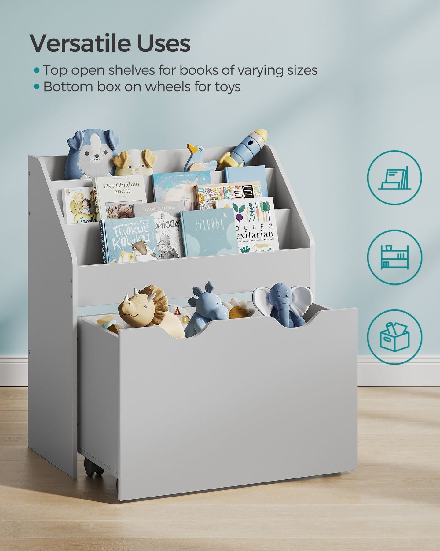 Multipurpose Bookshelf - MDF - Dove Grey - Storage Box with Wheels and 3 Shelves