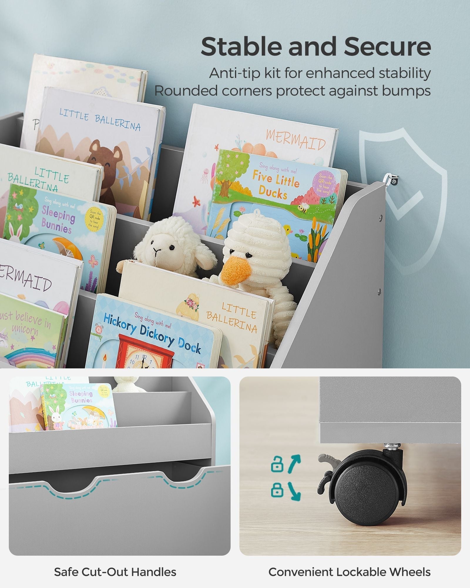 Multipurpose Bookshelf - MDF - Dove Grey - Storage Box with Wheels and 3 Shelves