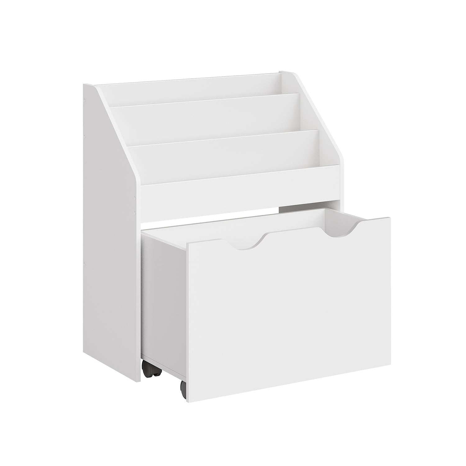 Kids Bookshelf and Toy Organiser - Engineered Wood - Cloud White - Multipurpose with Wheels and 3 Shelves