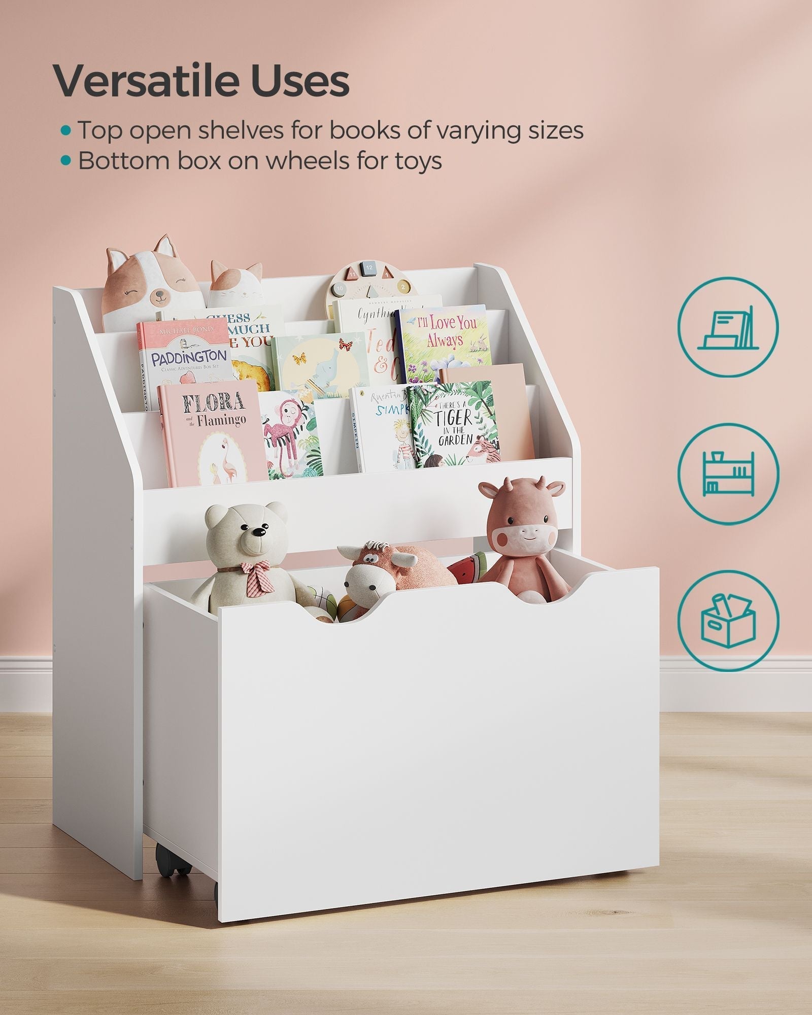 Kids Bookshelf and Toy Organiser - Engineered Wood - Cloud White - Multipurpose with Wheels and 3 Shelves