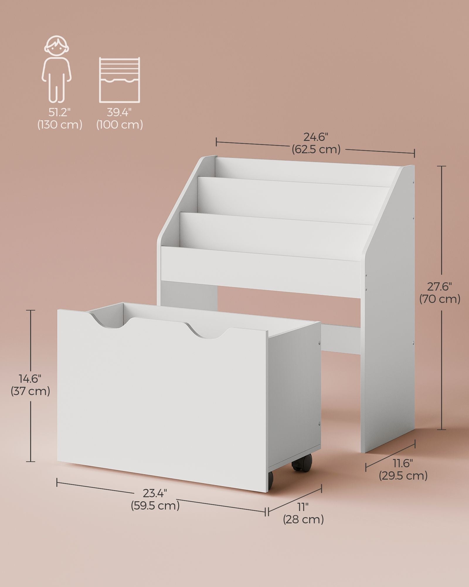 Kids Bookshelf and Toy Organiser - Engineered Wood - Cloud White - Multipurpose with Wheels and 3 Shelves