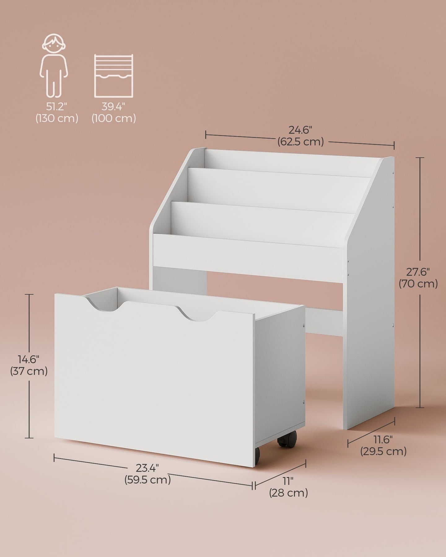 Kids Bookshelf and Toy Organiser - Engineered Wood - Cloud White - Multipurpose with Wheels and 3 Shelves