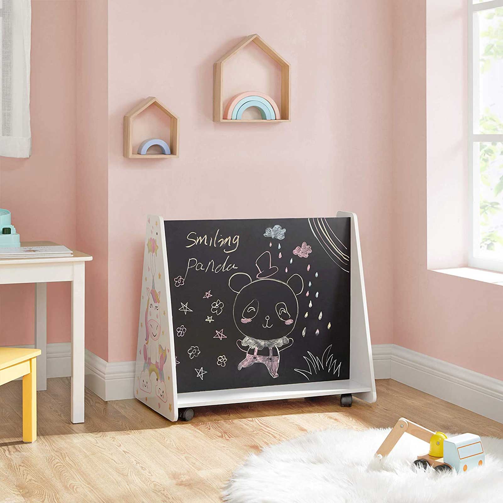 Movable Bookcase - Wood - White - Includes Chalkboard and Wheels for Kids