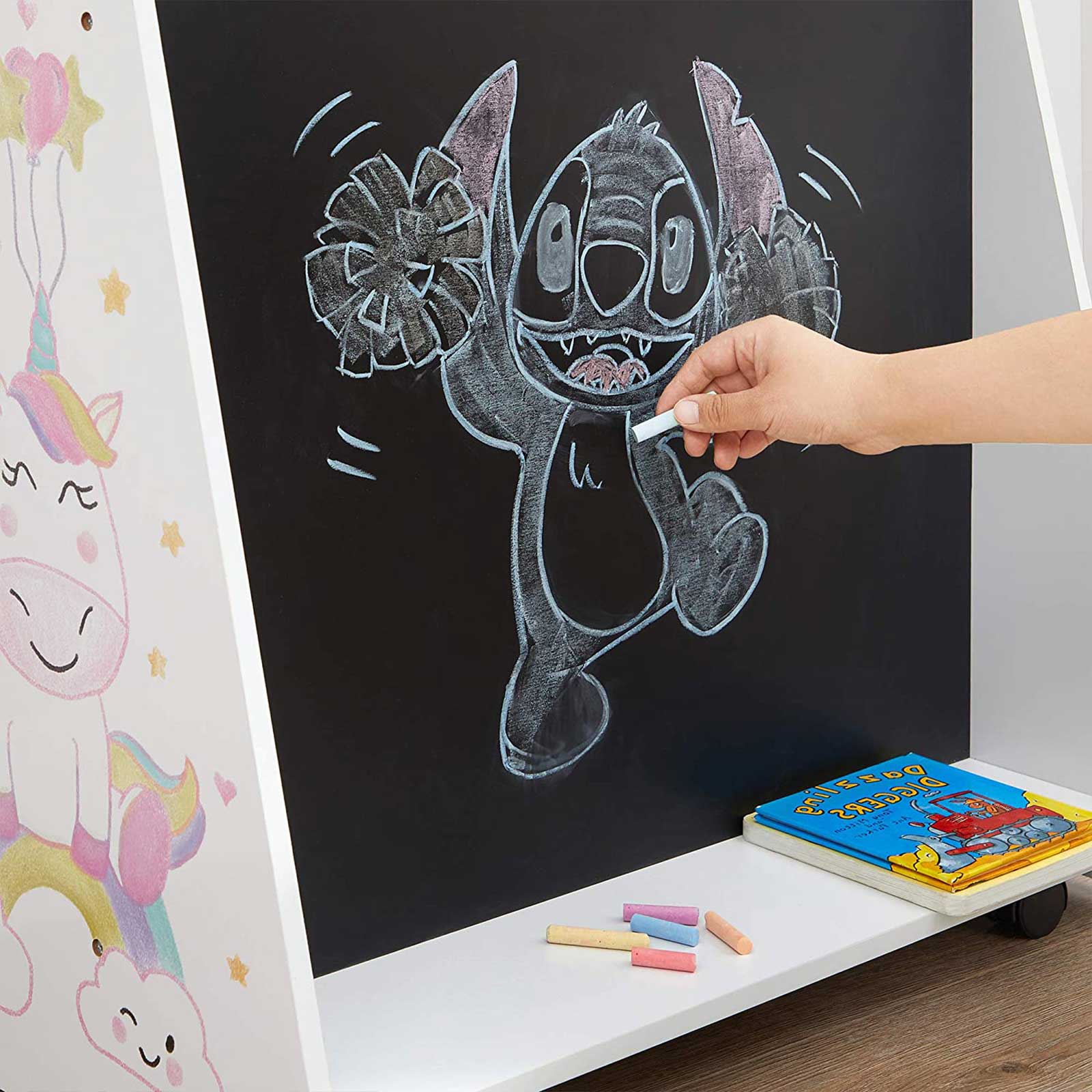 Movable Bookcase - Wood - White - Includes Chalkboard and Wheels for Kids