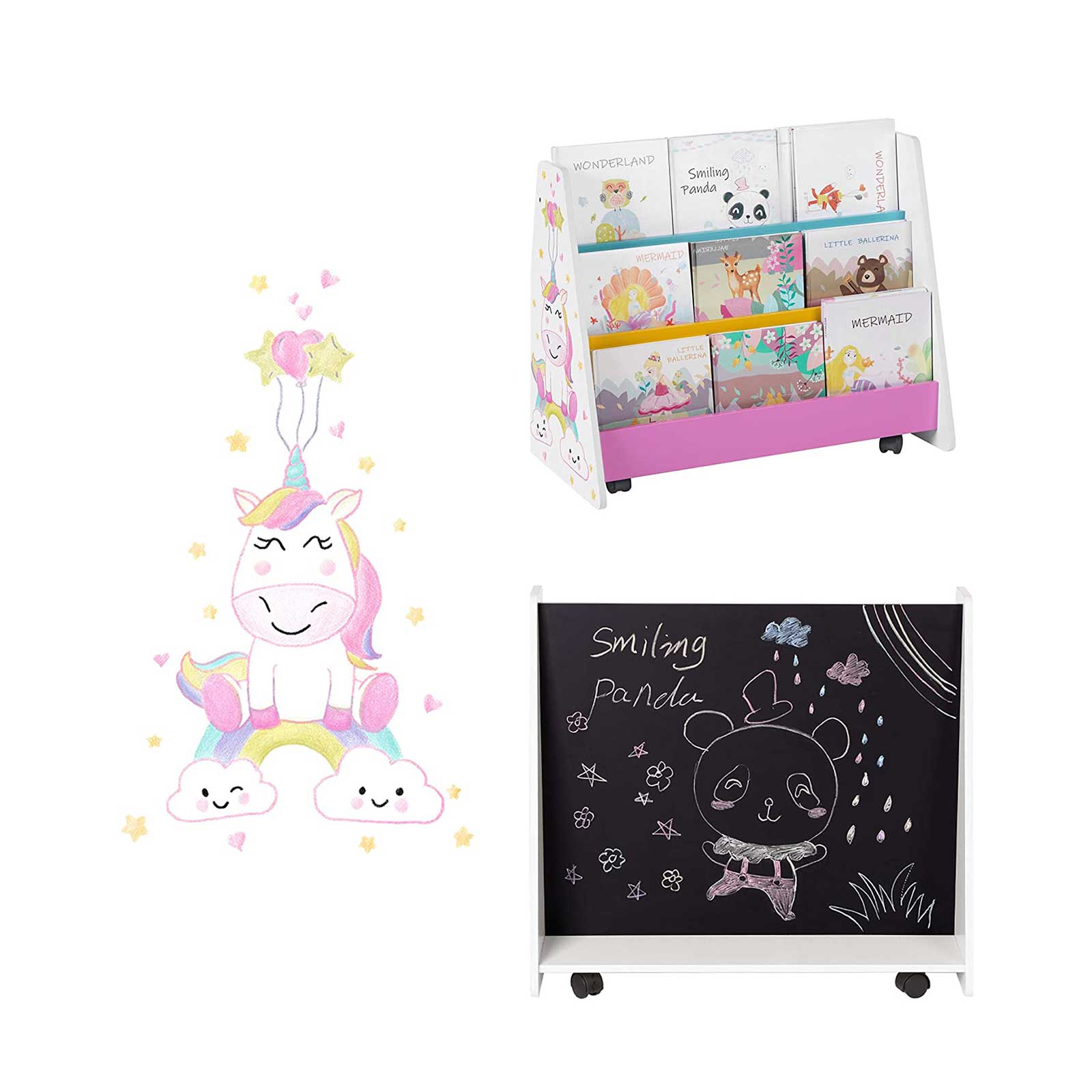 Movable Bookcase - Wood - White - Includes Chalkboard and Wheels for Kids
