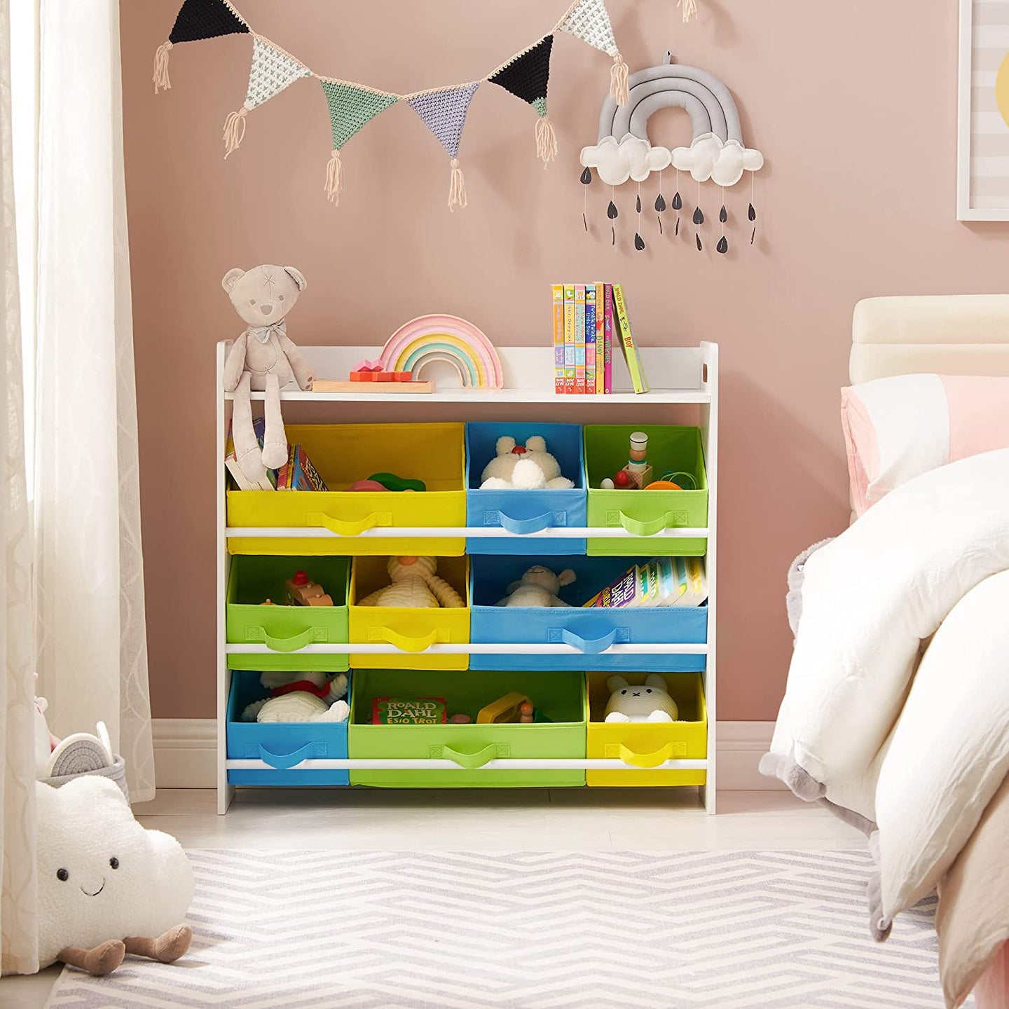 Toy Organizer - 9 Removable Non-Woven Fabric Bins - White - Wooden Frame