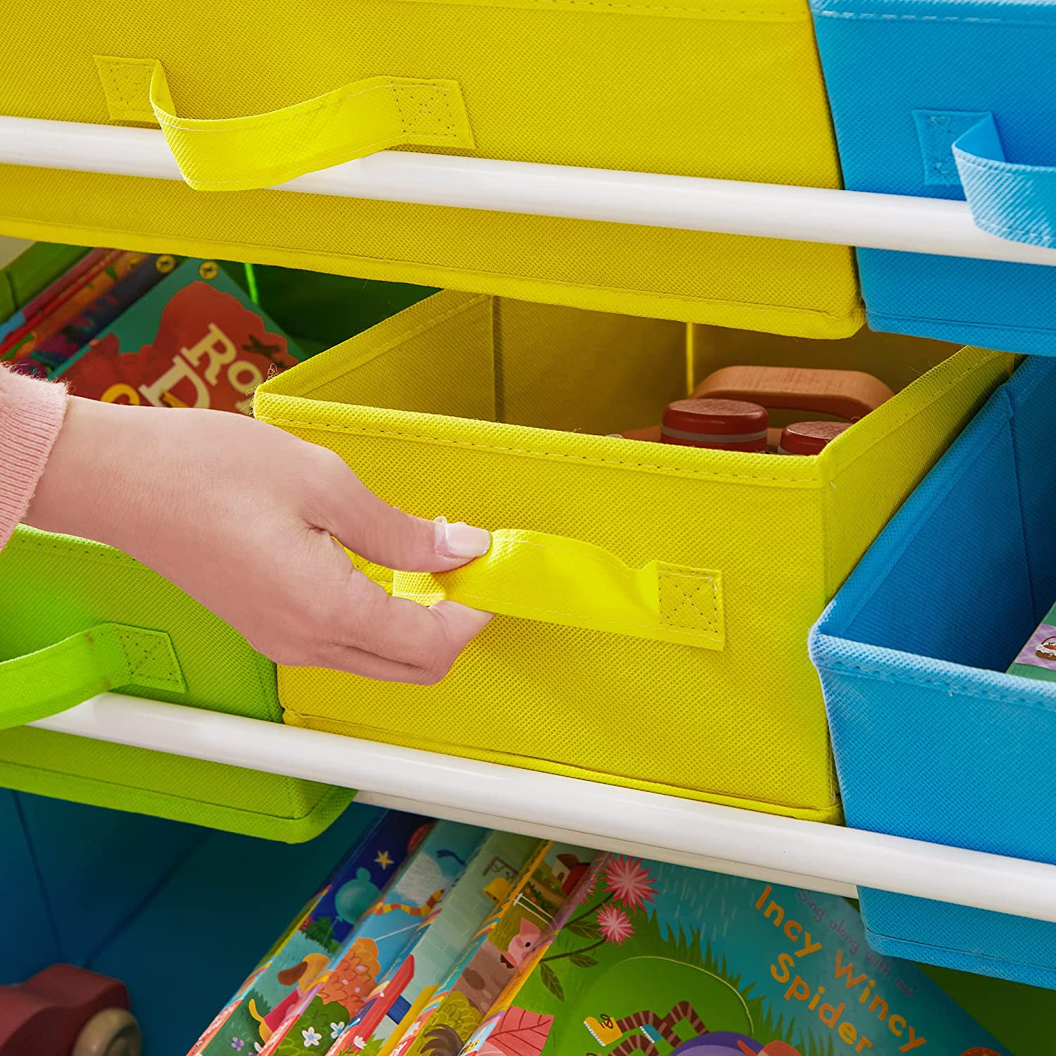 Toy Organizer - 9 Removable Non-Woven Fabric Bins - White - Wooden Frame