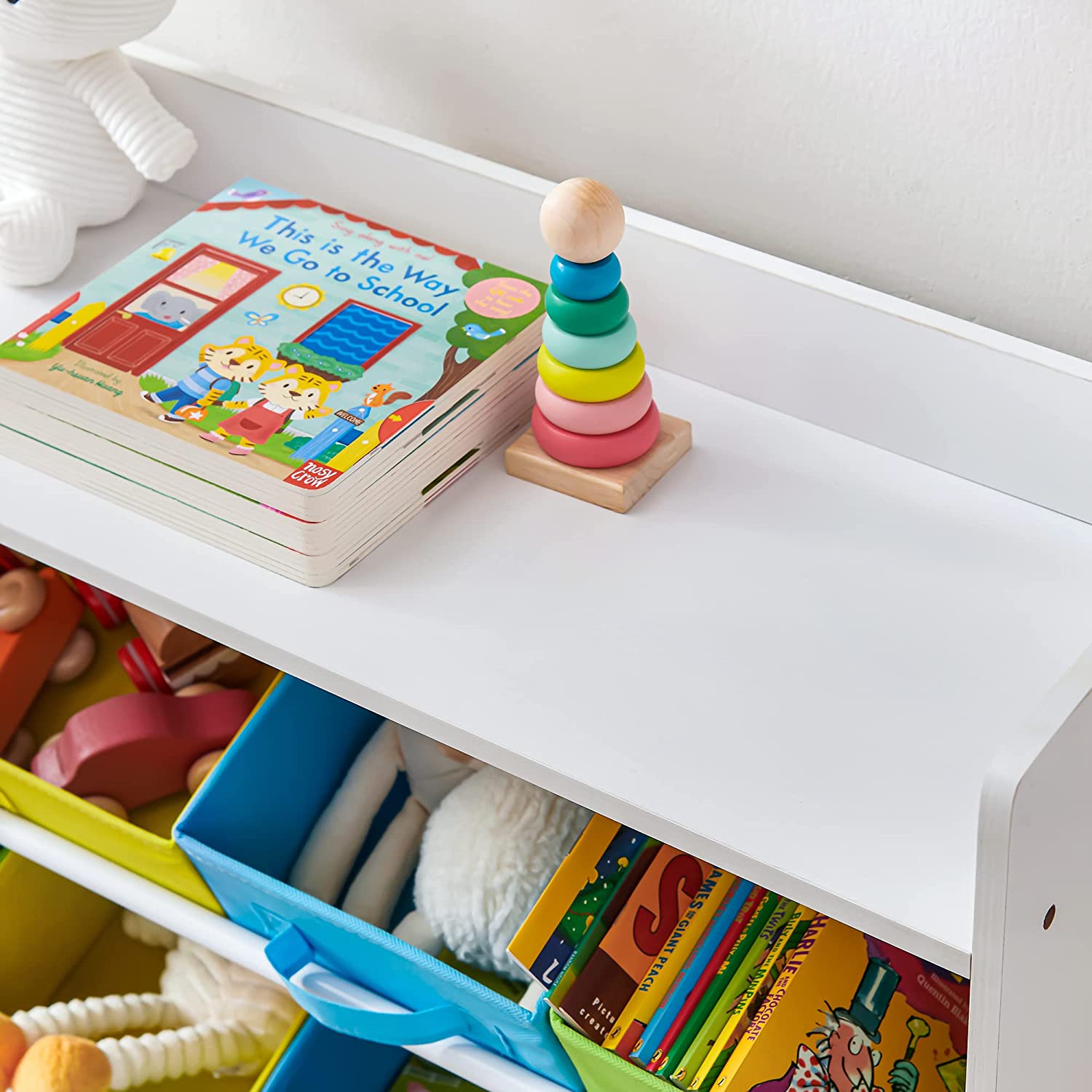 Toy Organizer - 9 Removable Non-Woven Fabric Bins - White - Wooden Frame