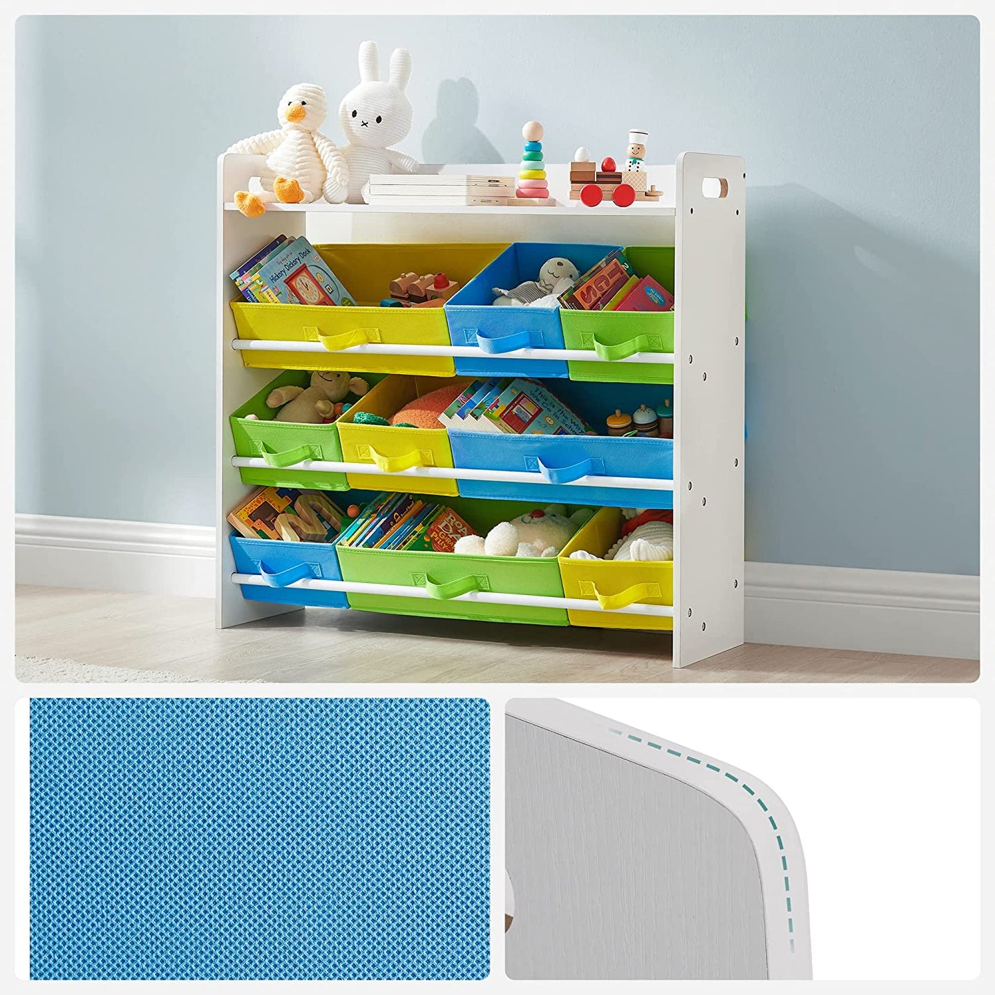 Toy Organizer - 9 Removable Non-Woven Fabric Bins - White - Wooden Frame