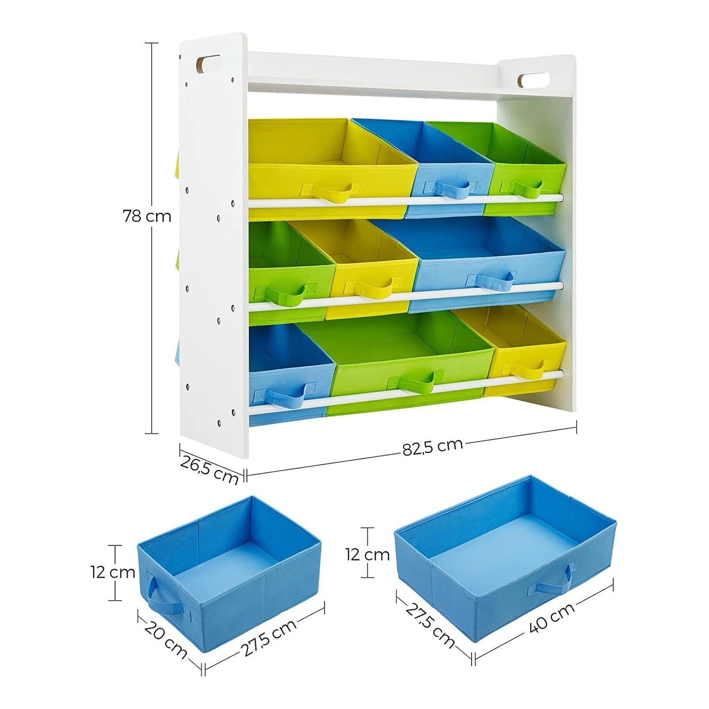 Toy Organizer - 9 Removable Non-Woven Fabric Bins - White - Wooden Frame