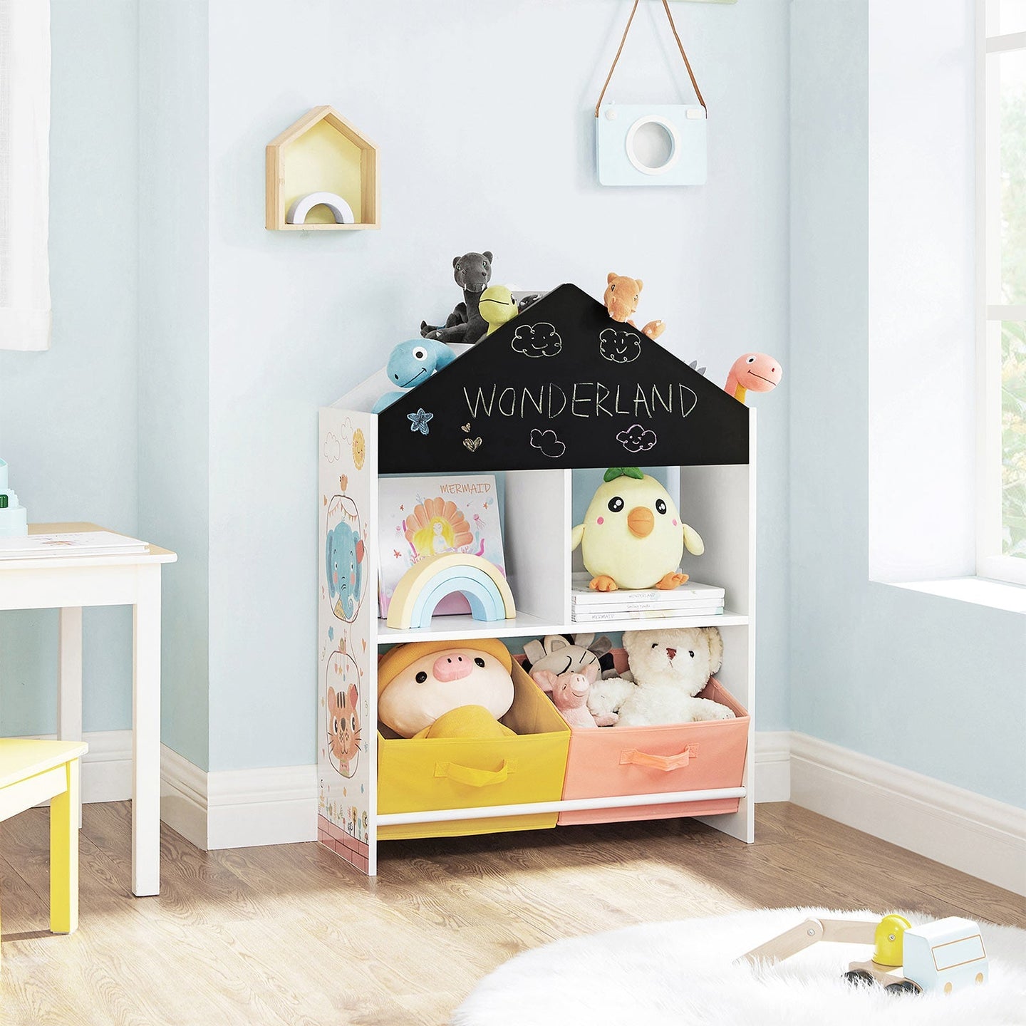Toy Organiser - Wood - White - Multi-Functional with Chalkboard and Storage Boxes