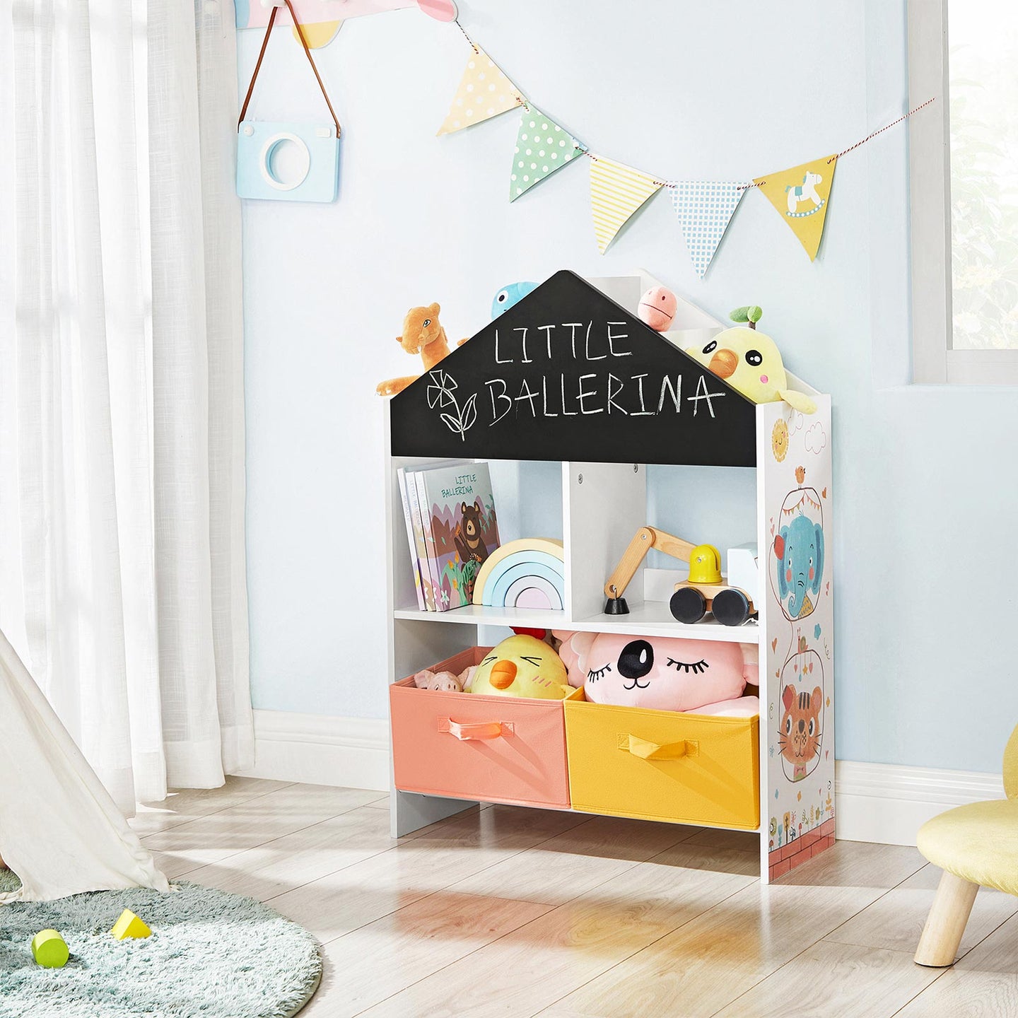 Toy Organiser - Wood - White - Multi-Functional with Chalkboard and Storage Boxes