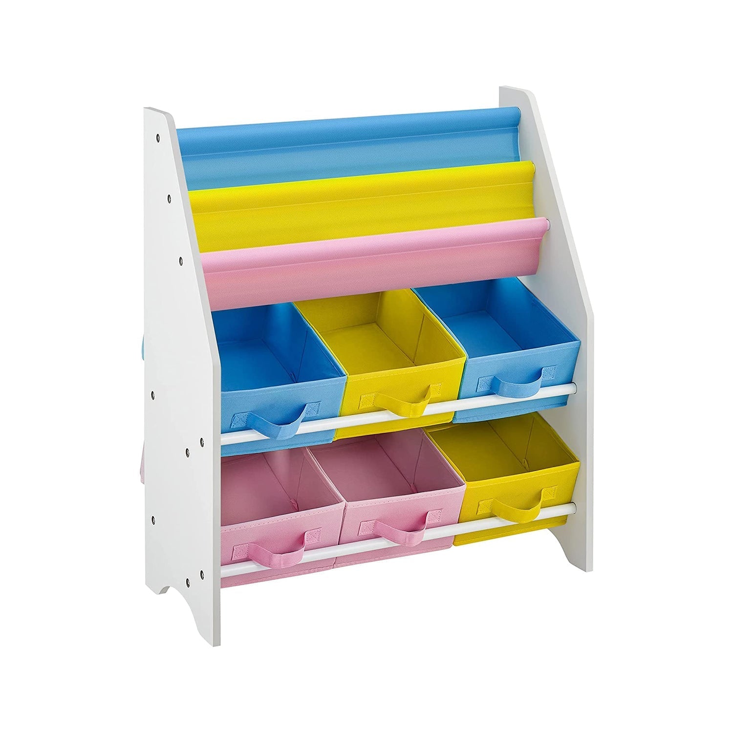 Book Storage Shelf - Wood - White - 3-Tier with Fabric Containers