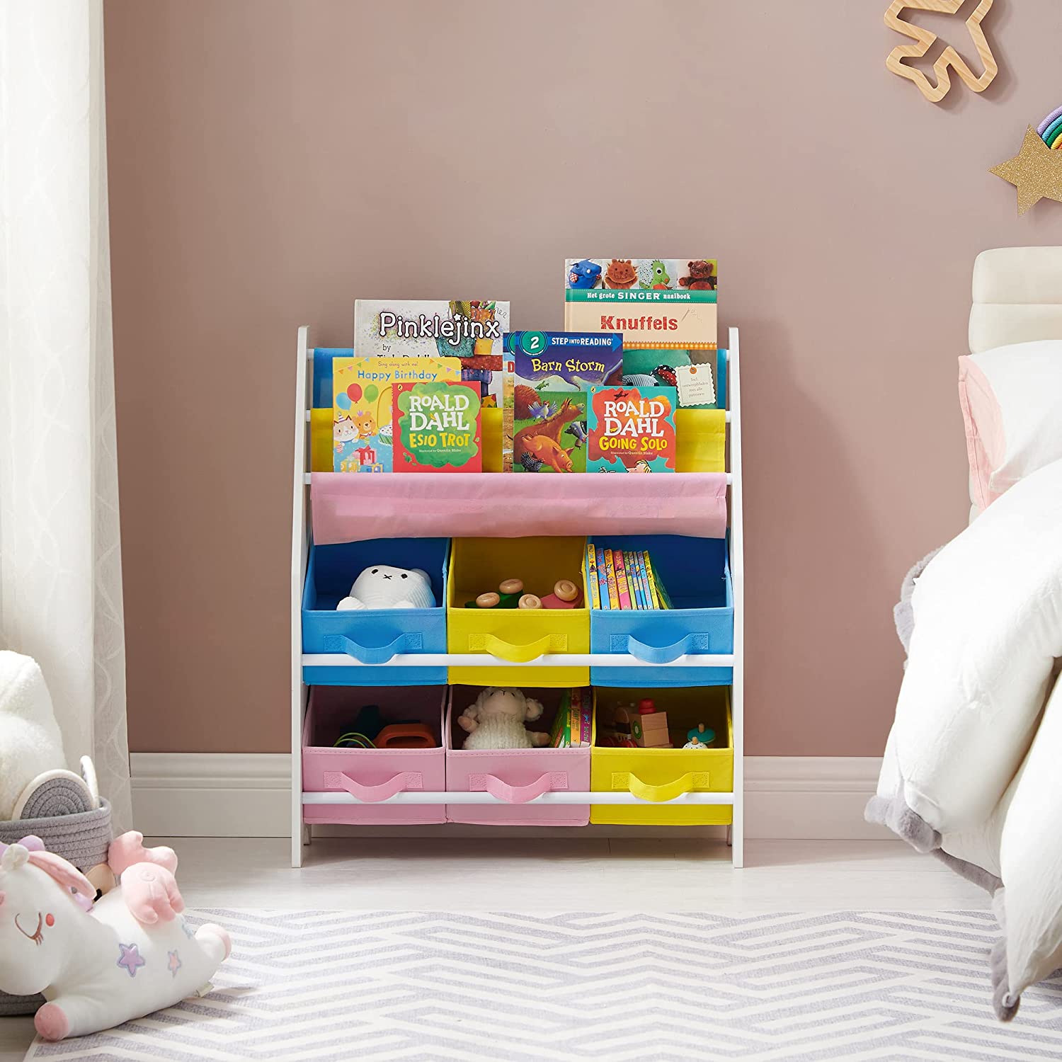Book Storage Shelf - Wood - White - 3-Tier with Fabric Containers