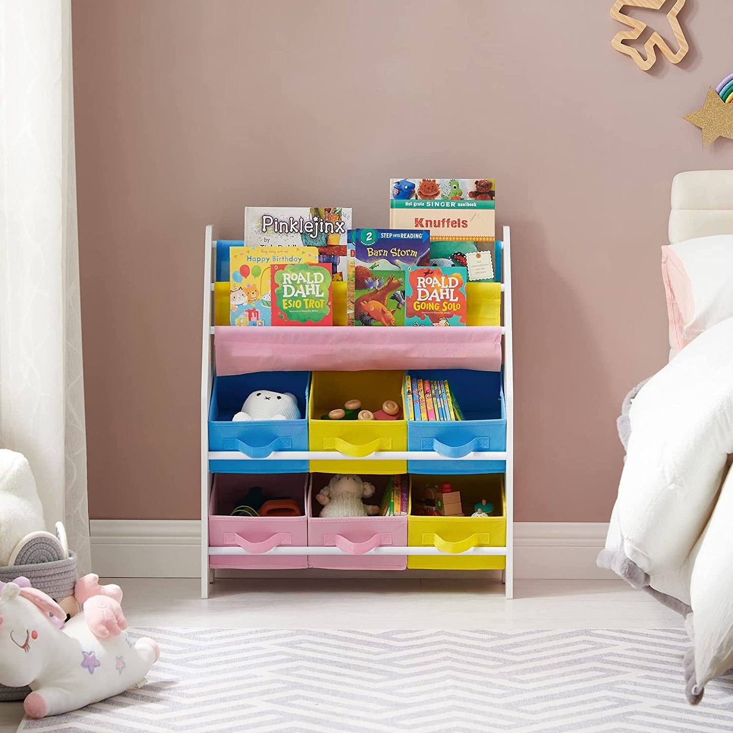 Book Storage Shelf - Wood - White - 3-Tier with Fabric Containers