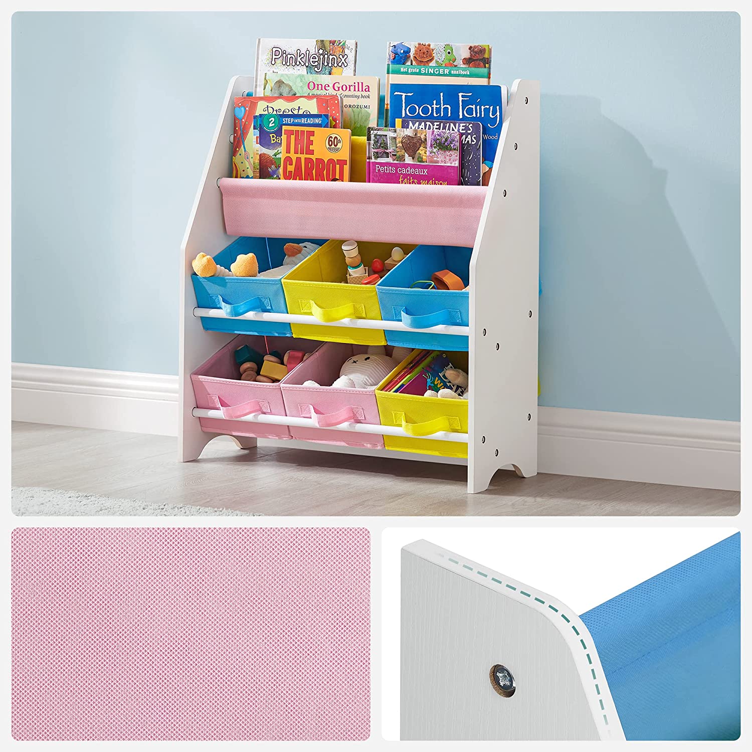 Book Storage Shelf - Wood - White - 3-Tier with Fabric Containers