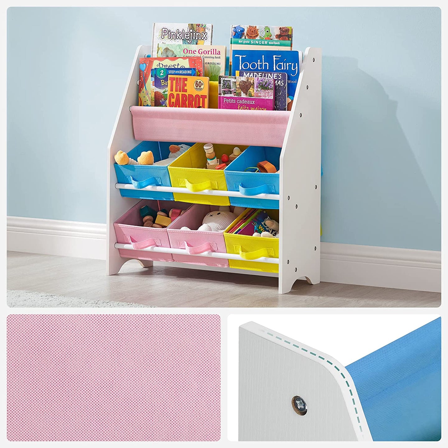 Book Storage Shelf - Wood - White - 3-Tier with Fabric Containers