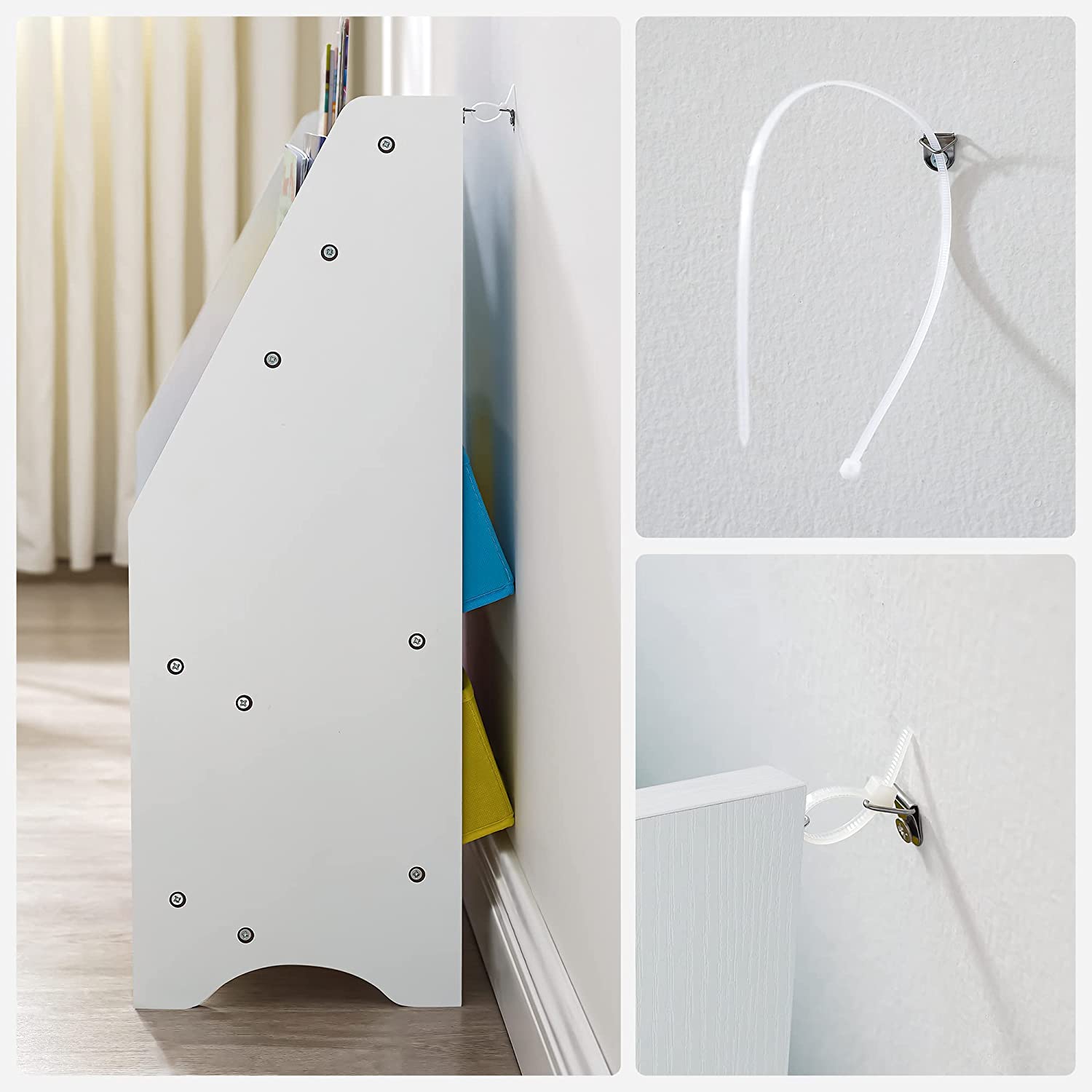 Book Storage Shelf - Wood - White - 3-Tier with Fabric Containers