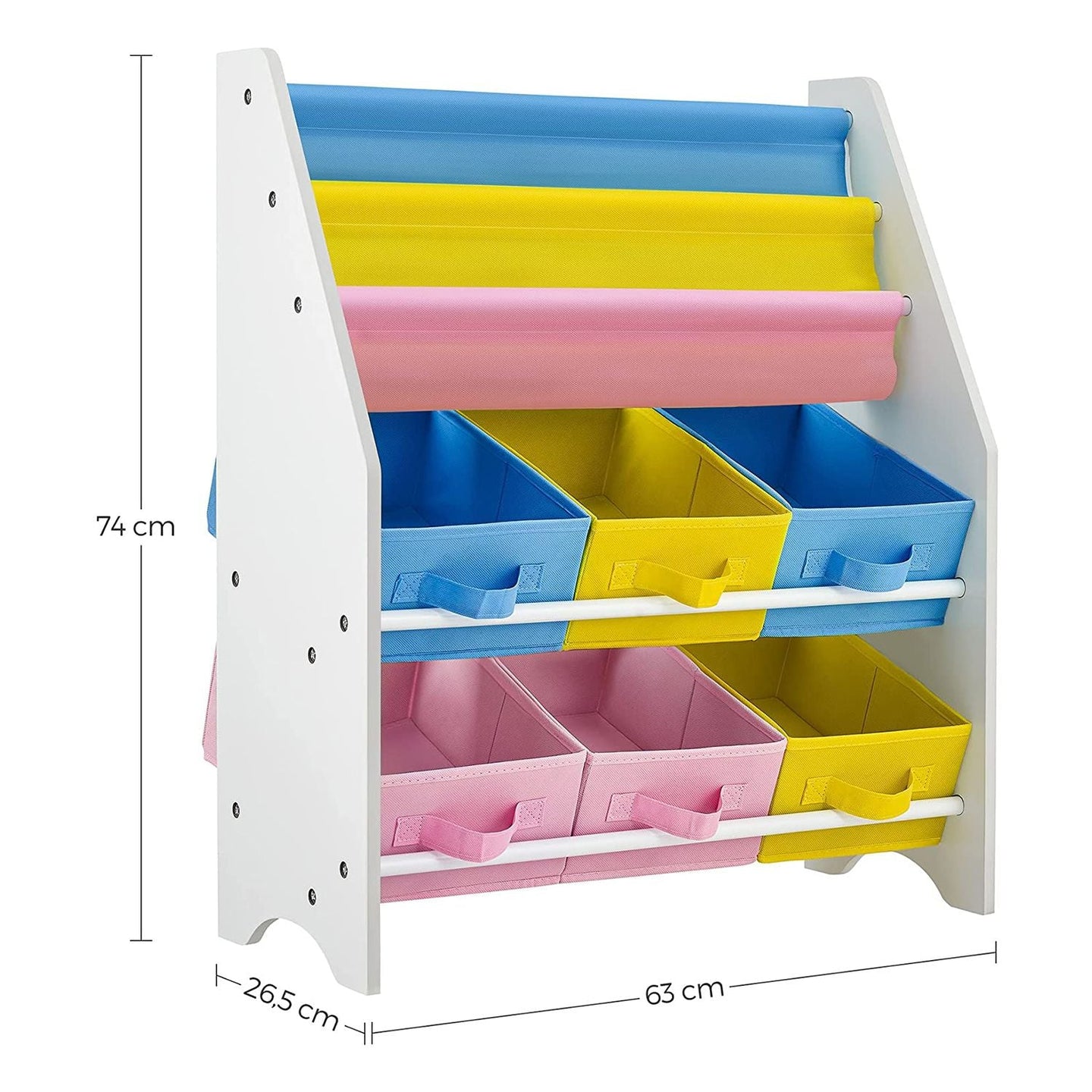 Book Storage Shelf - Wood - White - 3-Tier with Fabric Containers