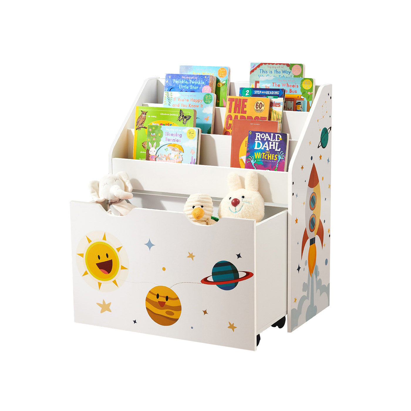 Toy Organiser - Wood - White - Mobile with Removable Storage Box and 3 Shelves