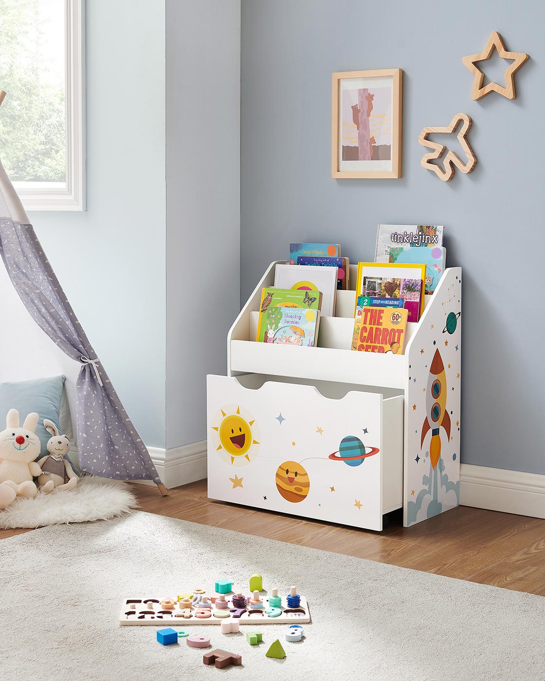 Toy Organiser - Wood - White - Mobile with Removable Storage Box and 3 Shelves