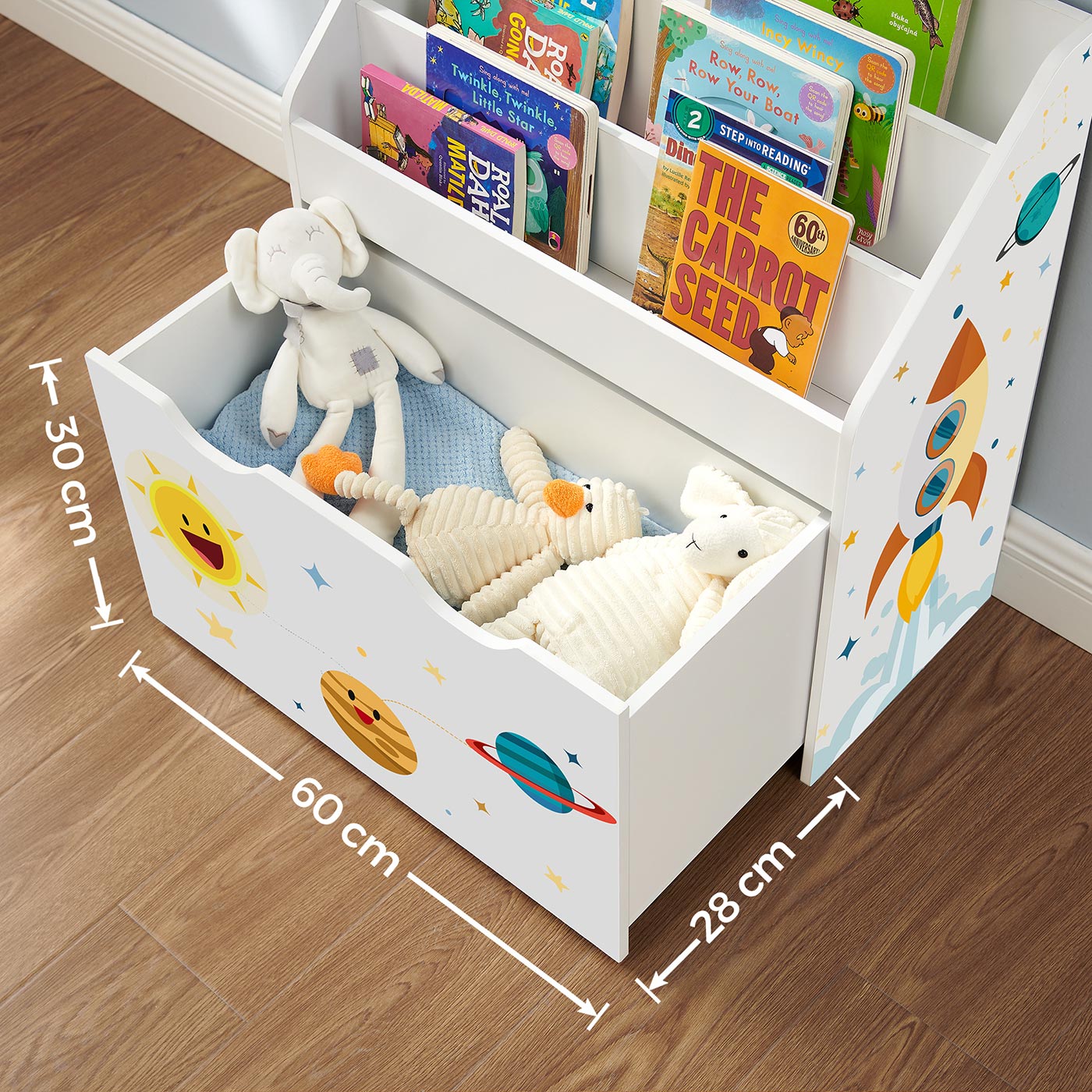 Toy Organiser - Wood - White - Mobile with Removable Storage Box and 3 Shelves