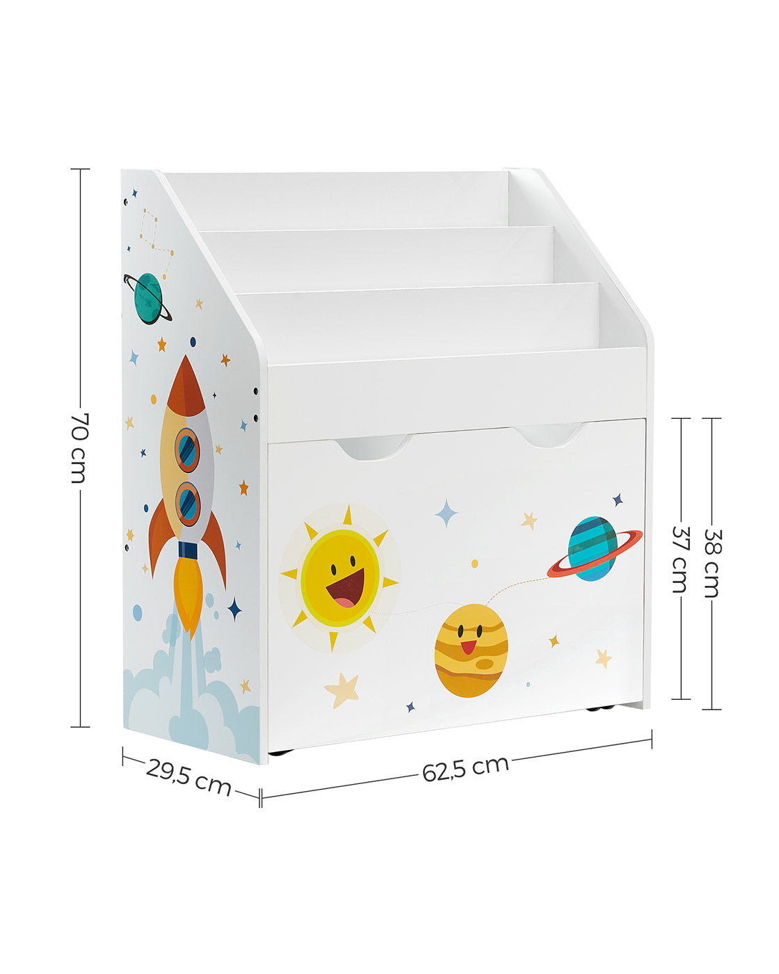 Toy Organiser - Wood - White - Mobile with Removable Storage Box and 3 Shelves