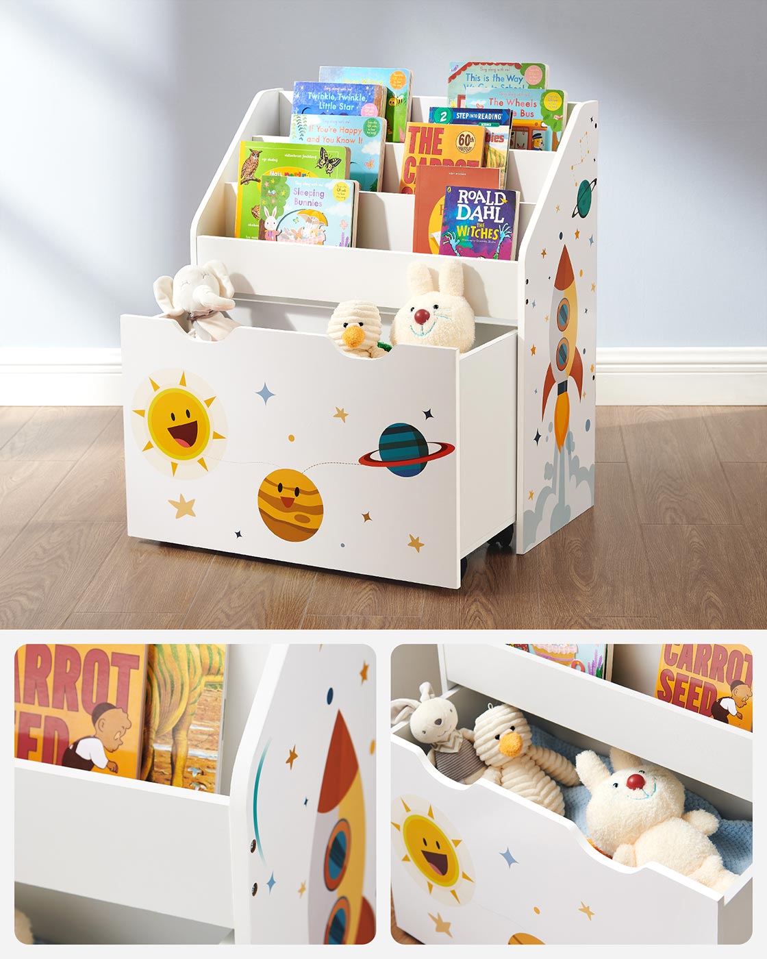 Toy Organiser - Wood - White - Mobile with Removable Storage Box and 3 Shelves