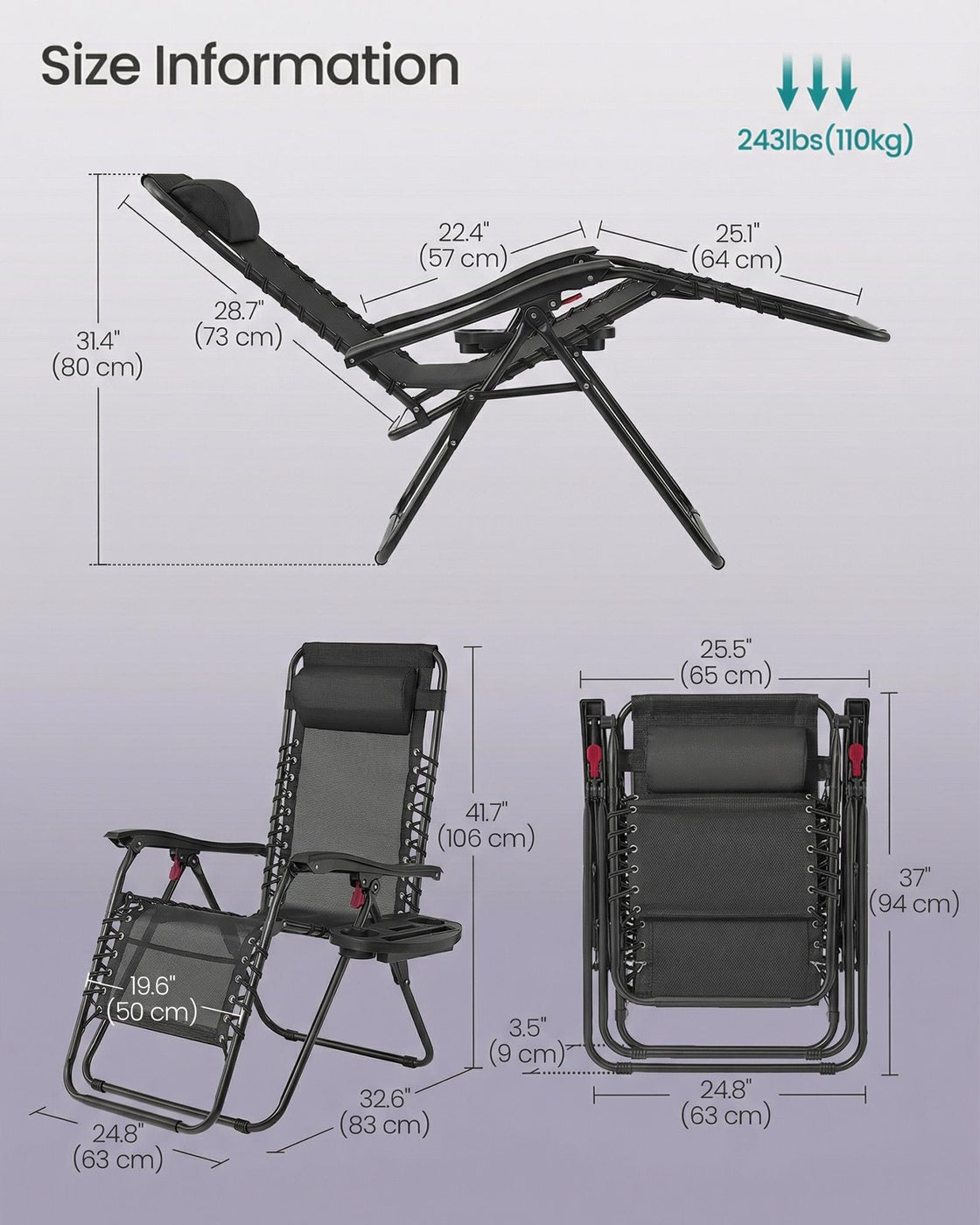 Folding Zero Gravity Reclining Chairs - 15.2L - Steel - Adjustable Headrest