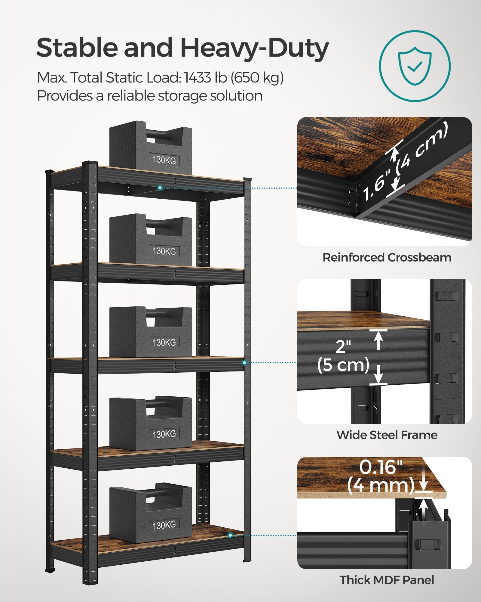 Storage Shelf - Reinforced Steel - Silver - 5-Tier Adjustable Design