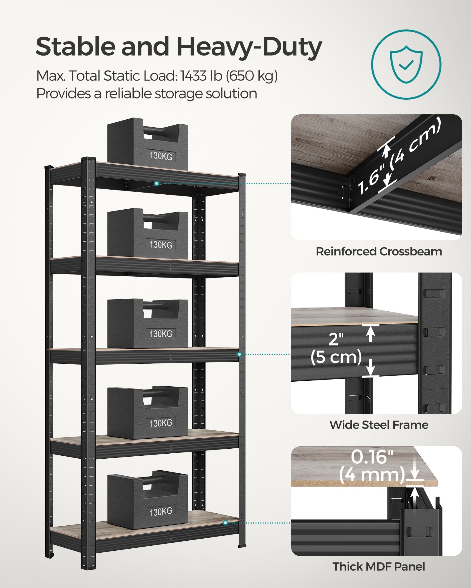 5-Tier Shelving Unit - Reinforced Steel - Greige and Black - Adjustable Shelves