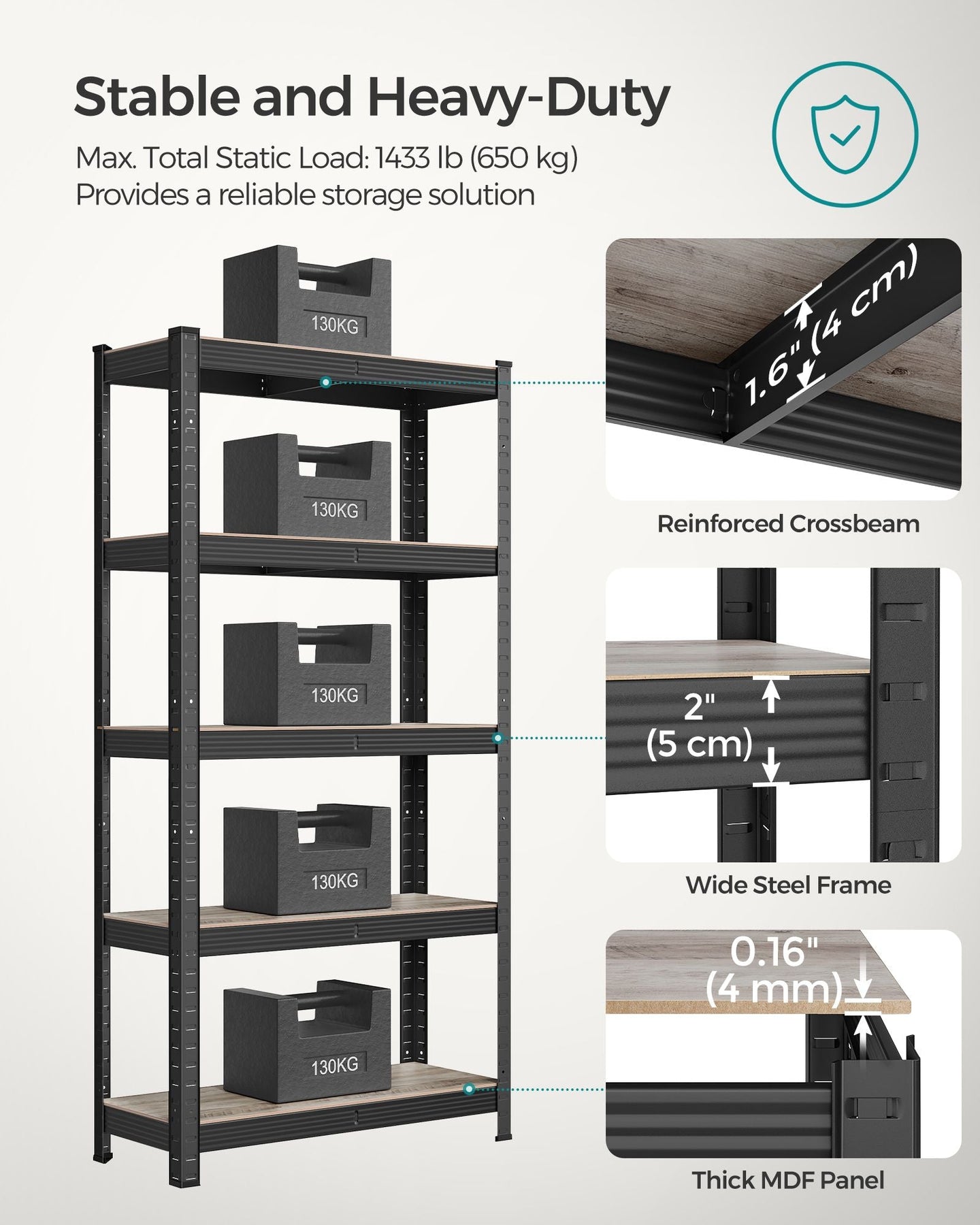 5-Tier Shelving Unit - Reinforced Steel - Greige and Black - Adjustable Shelves