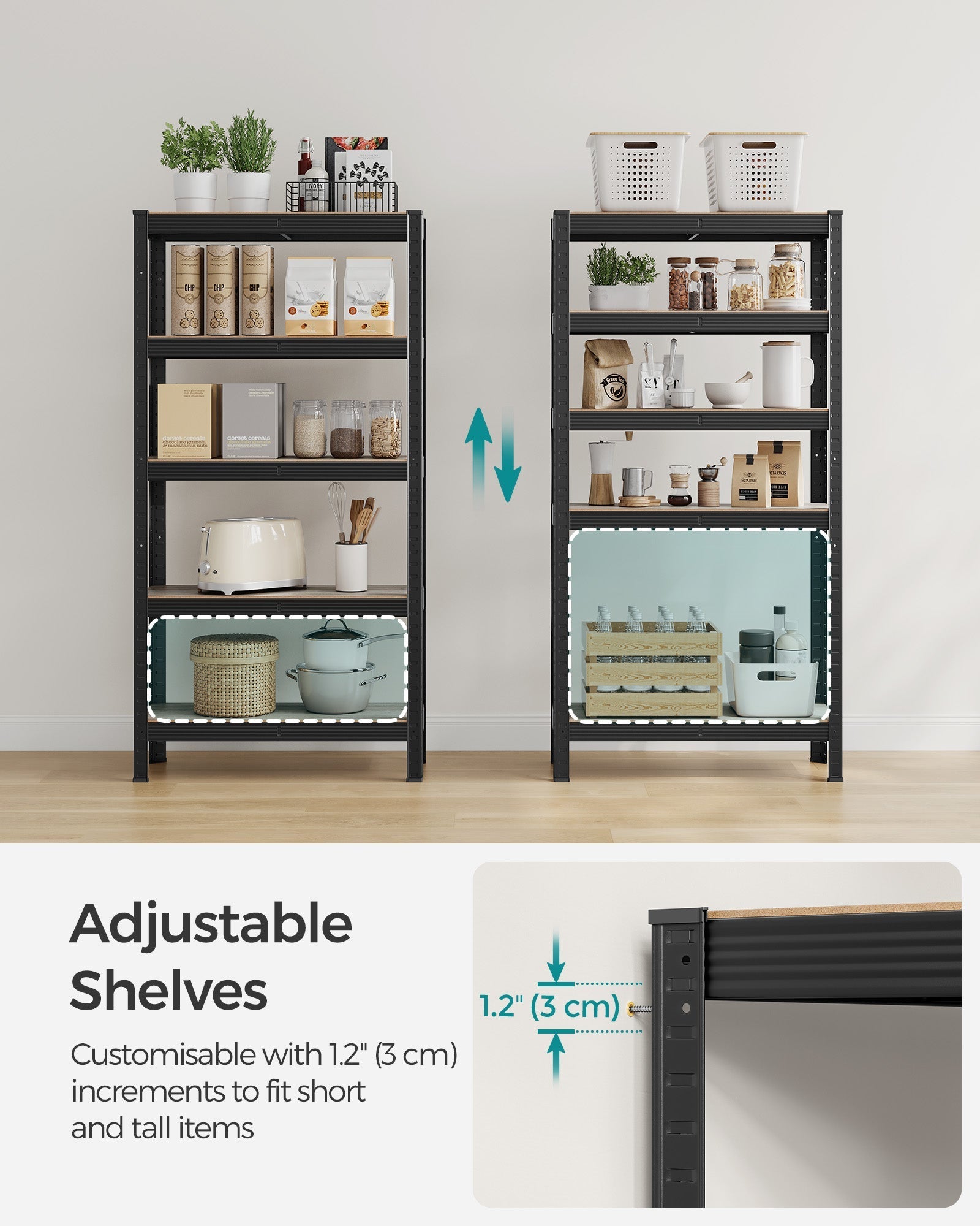 5-Tier Shelving Unit - Reinforced Steel - Greige and Black - Adjustable Shelves