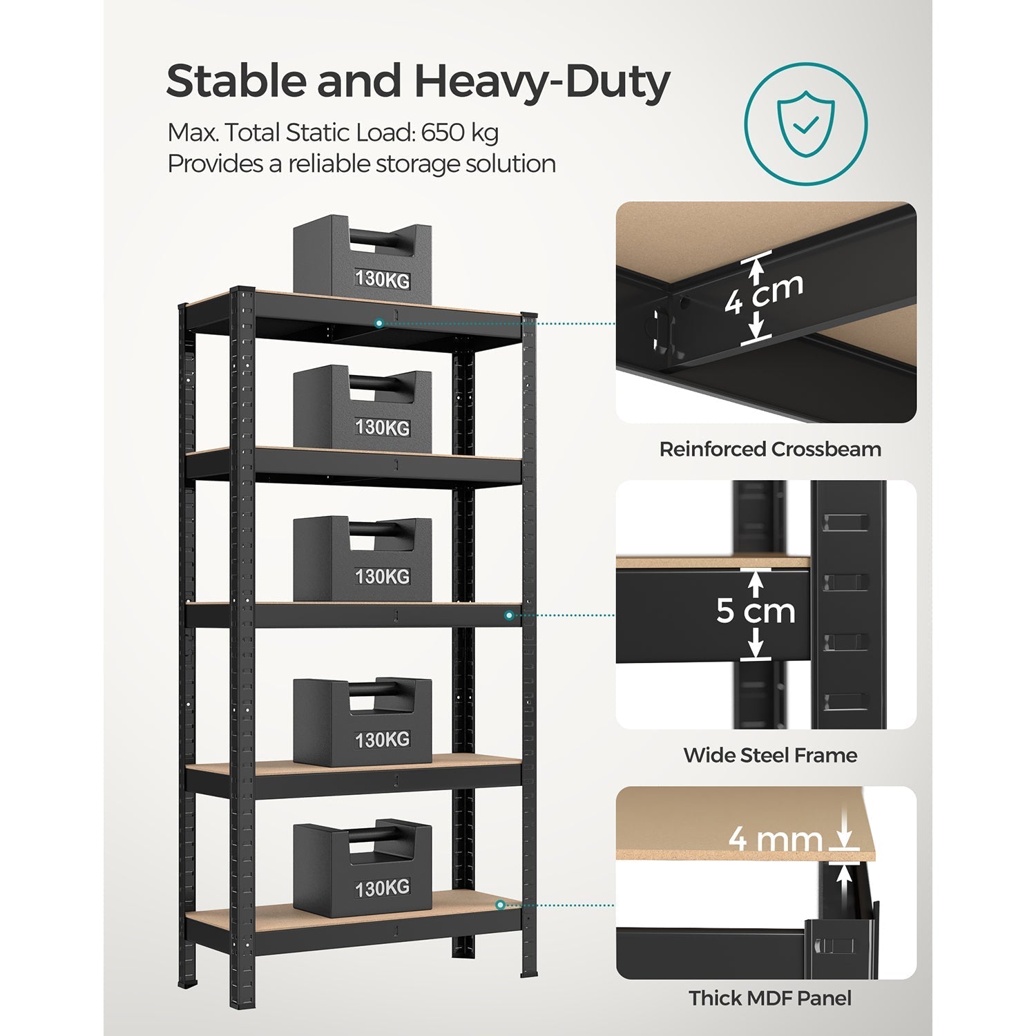 5-Tier Shelving Unit - 650 kg Maximum Load - Reinforced Steel - Black