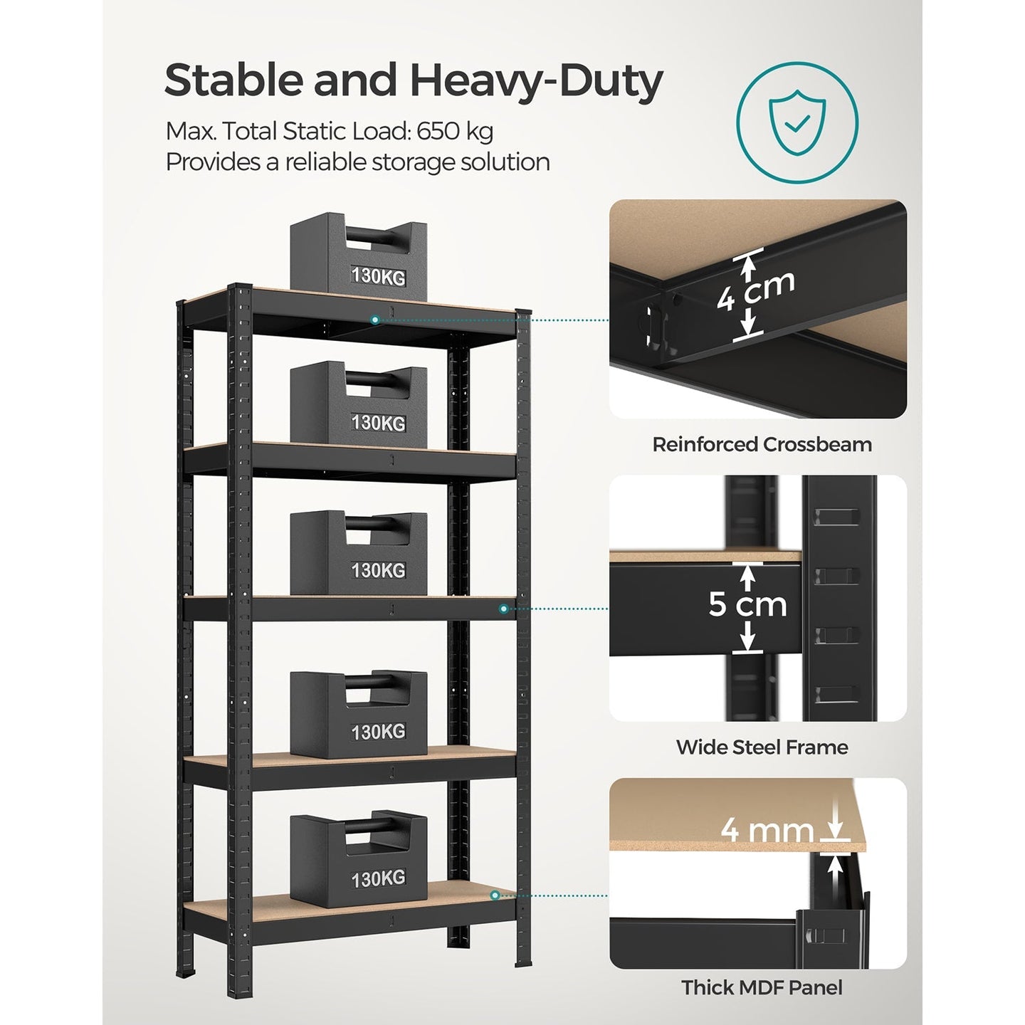 5-Tier Shelving Unit - 650 kg Maximum Load - Reinforced Steel - Black
