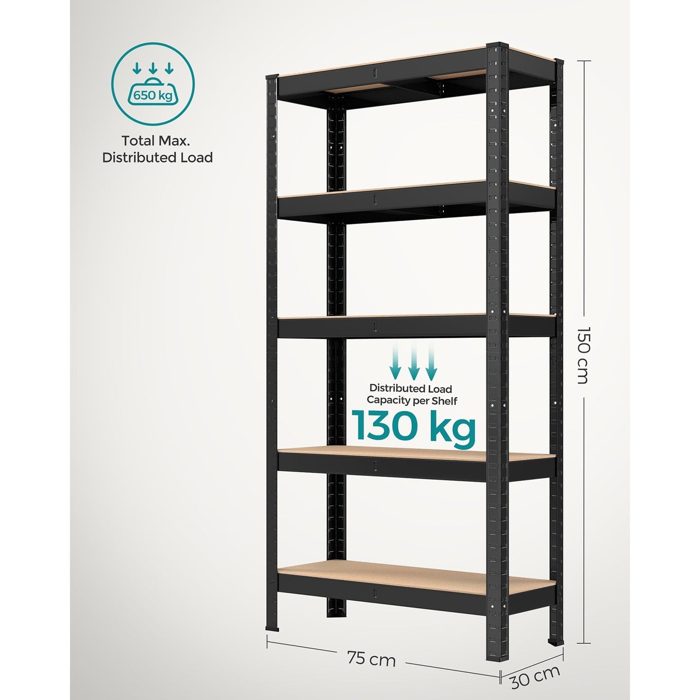 5-Tier Shelving Unit - 650 kg Maximum Load - Reinforced Steel - Black