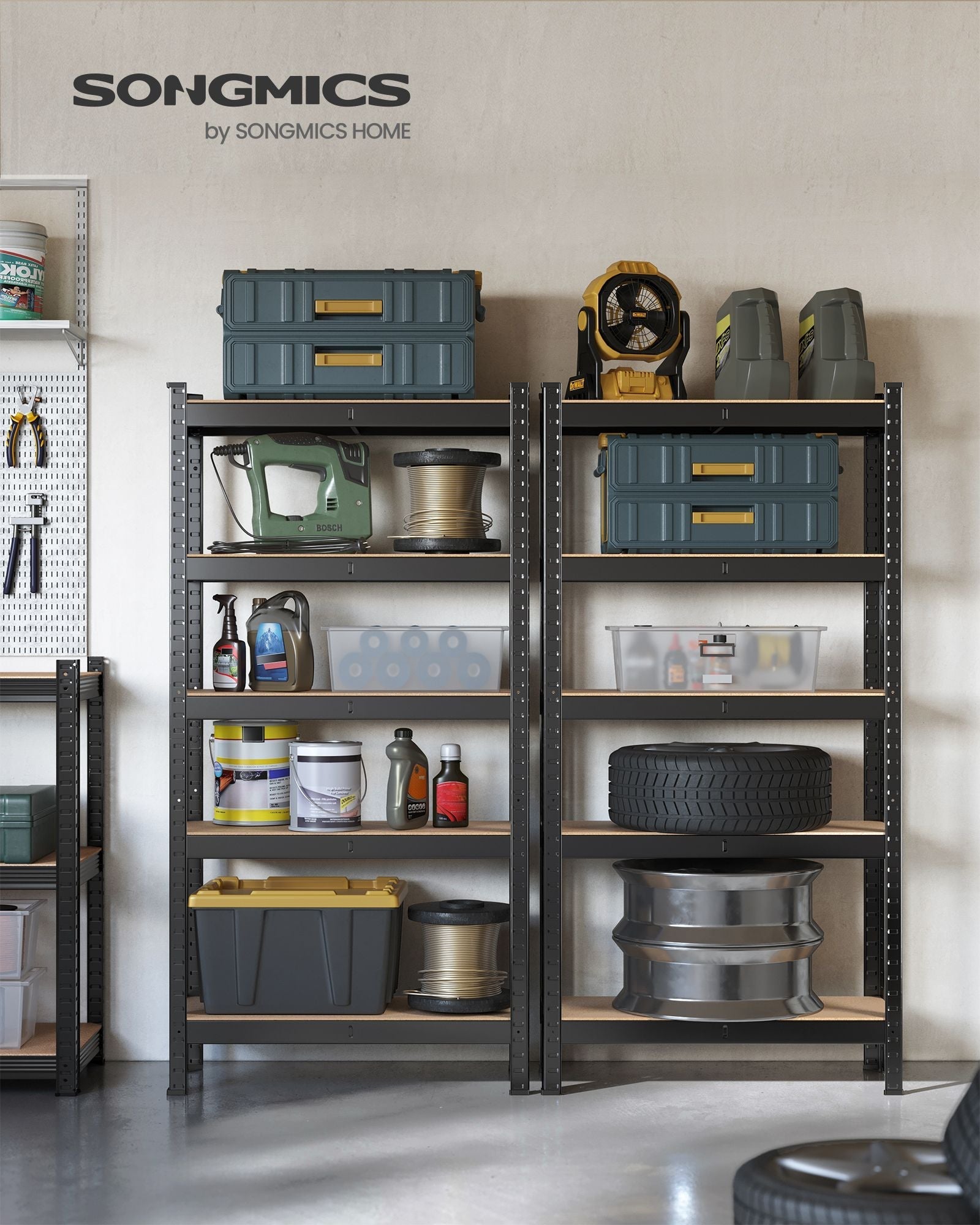 Set of 2 Shelving Units - 5-Tier Adjustable Shelves - Reinforced Steel - Silver