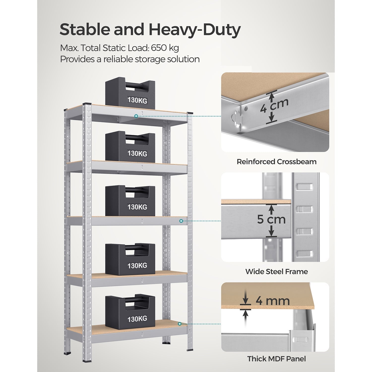 5-Tier Shelving Unit - 875 kg Capacity - Reinforced Steel - Silver