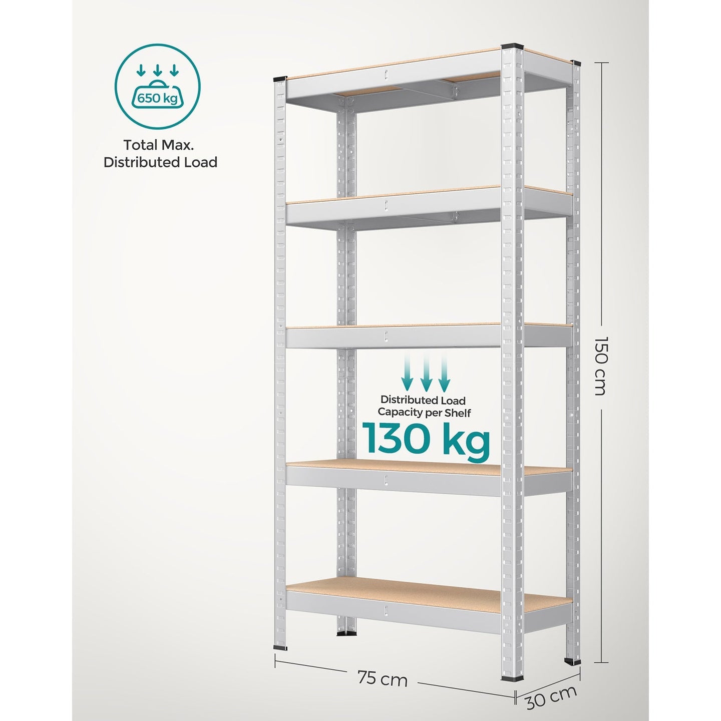 5-Tier Shelving Unit - 875 kg Capacity - Reinforced Steel - Silver