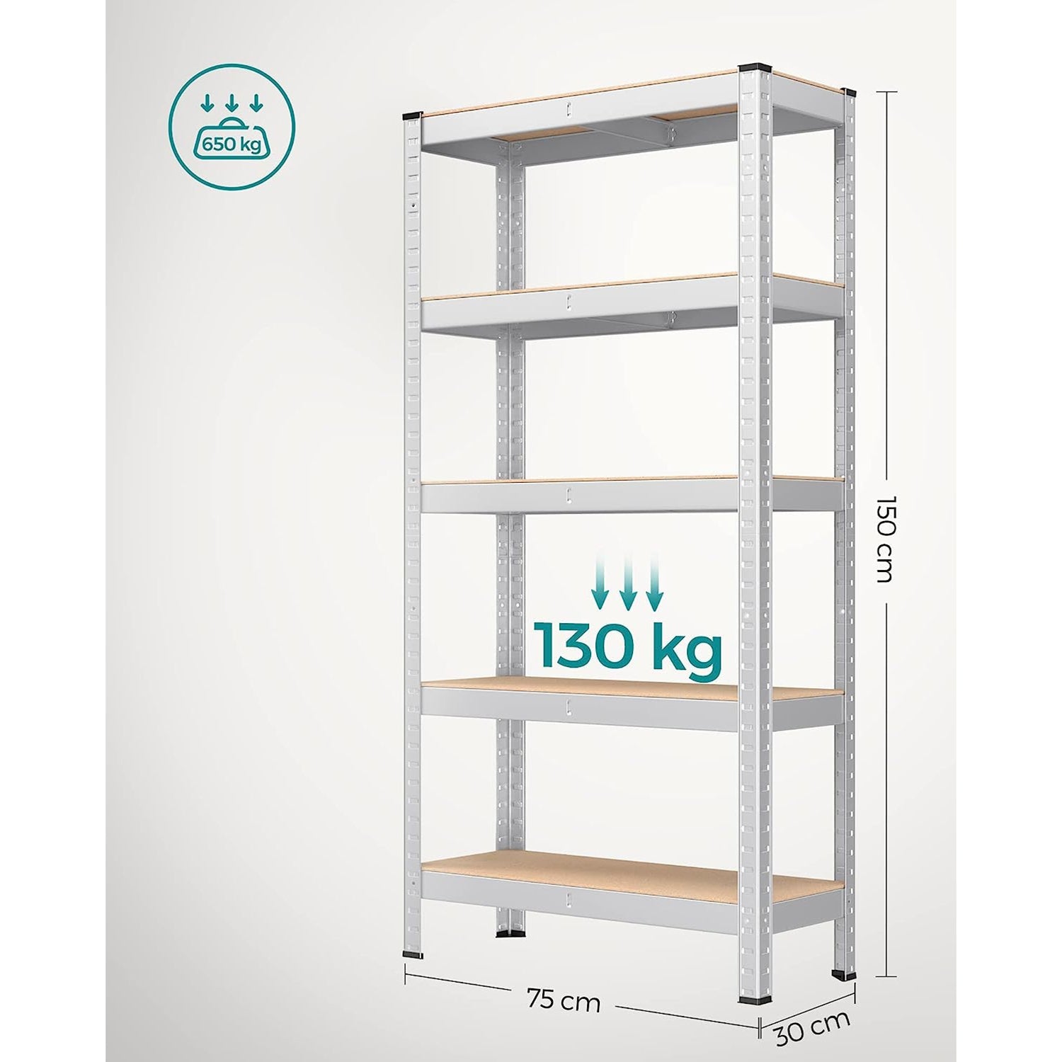 5-Tier Shelving Unit - Reinforced Steel - Silver - Adjustable Shelves