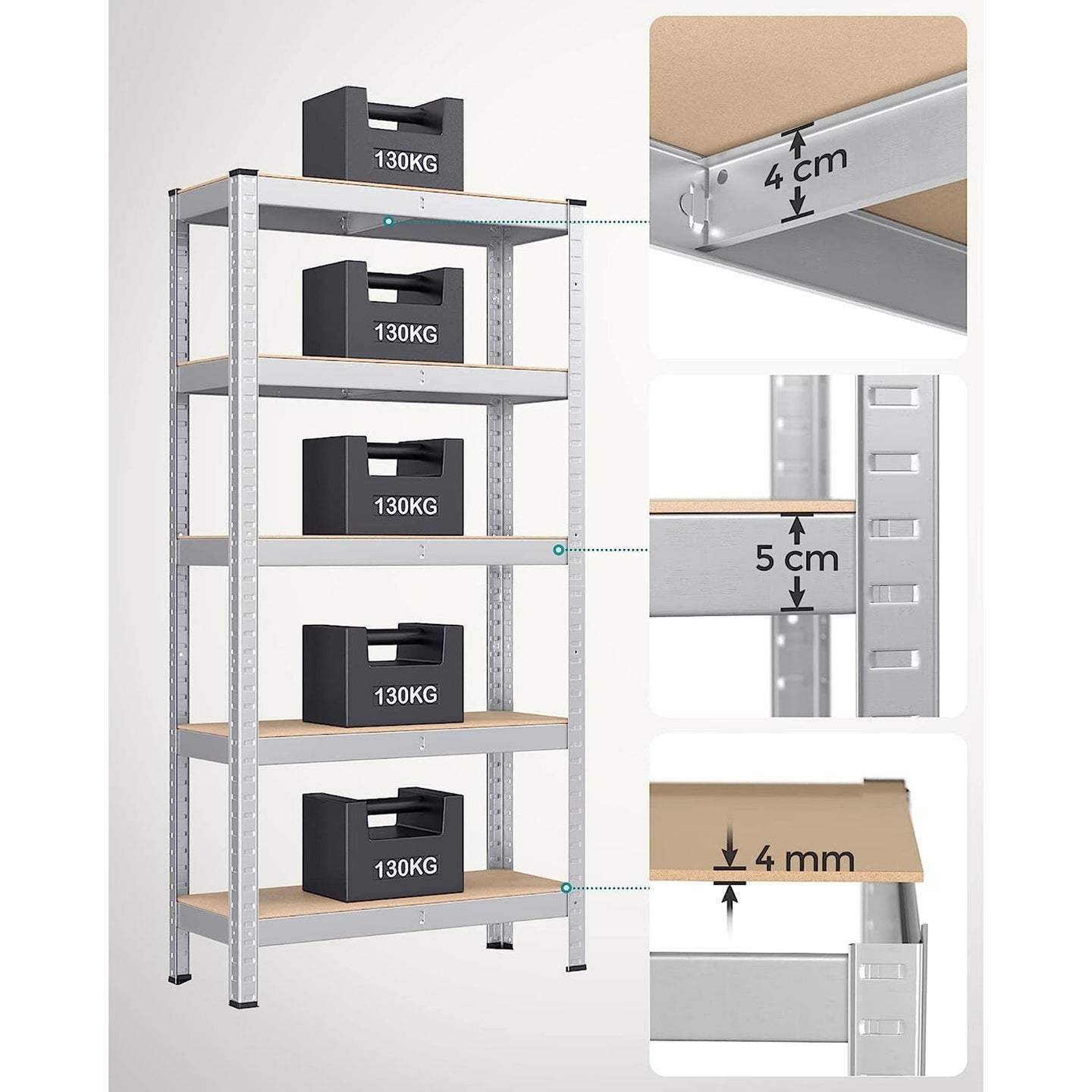 5-Tier Shelving Unit - Reinforced Steel - Silver - Adjustable Shelves